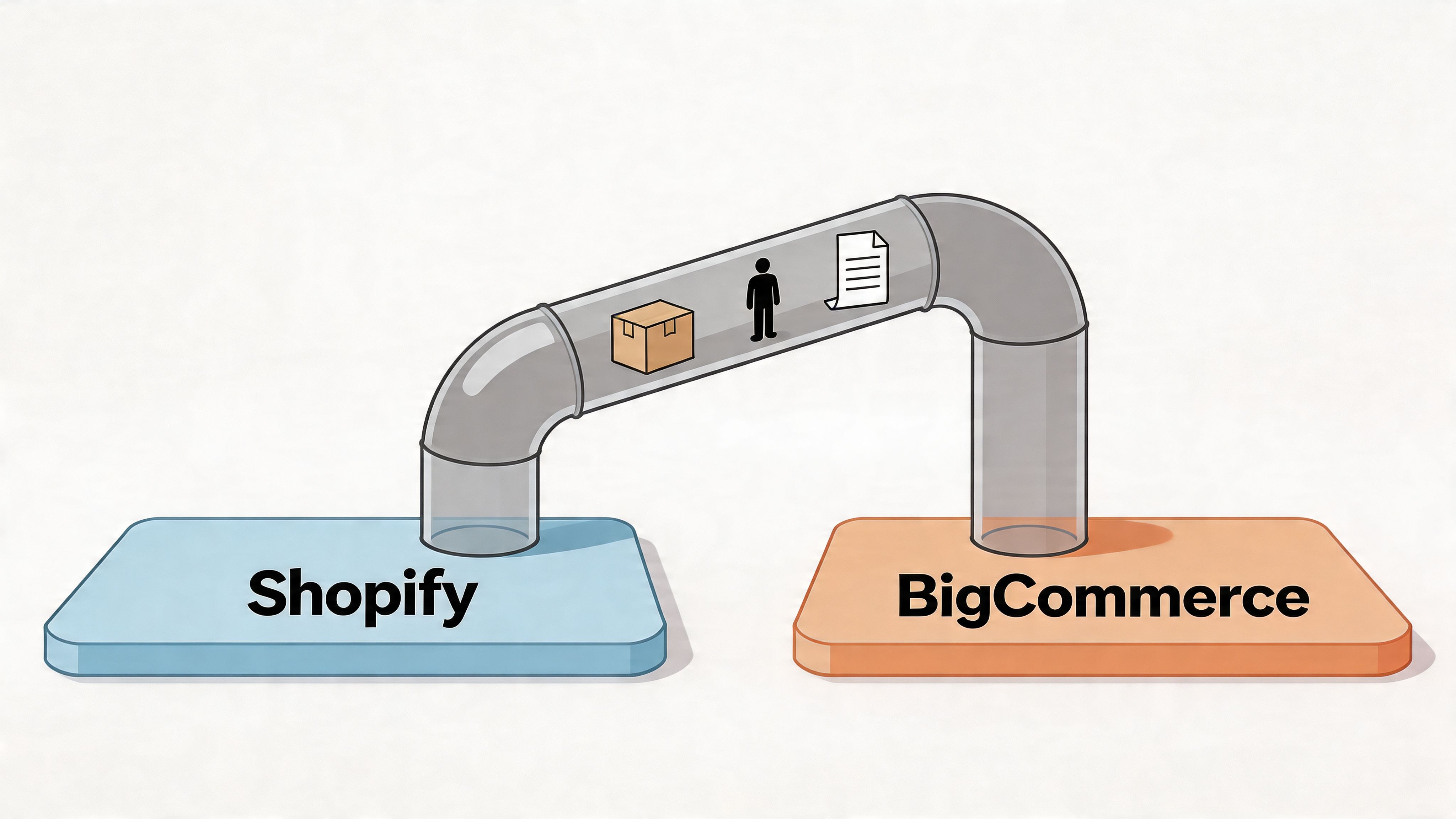 A conceptual illustration showing a transparent pipeline transferring data, products, and customer information between Shopify and BigCommerce.