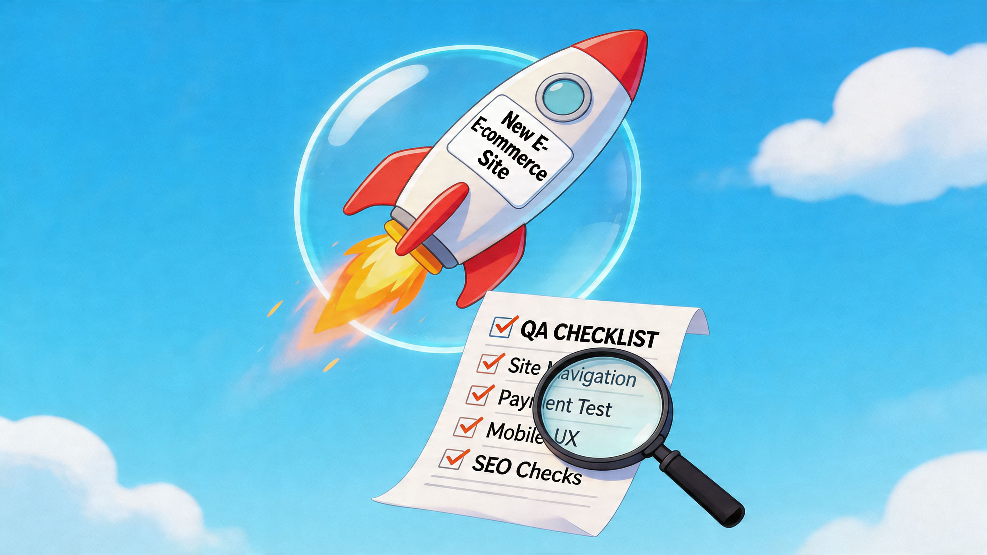 An illustration of a rocket ship launching with a QA checklist for a new e-commerce website launch.