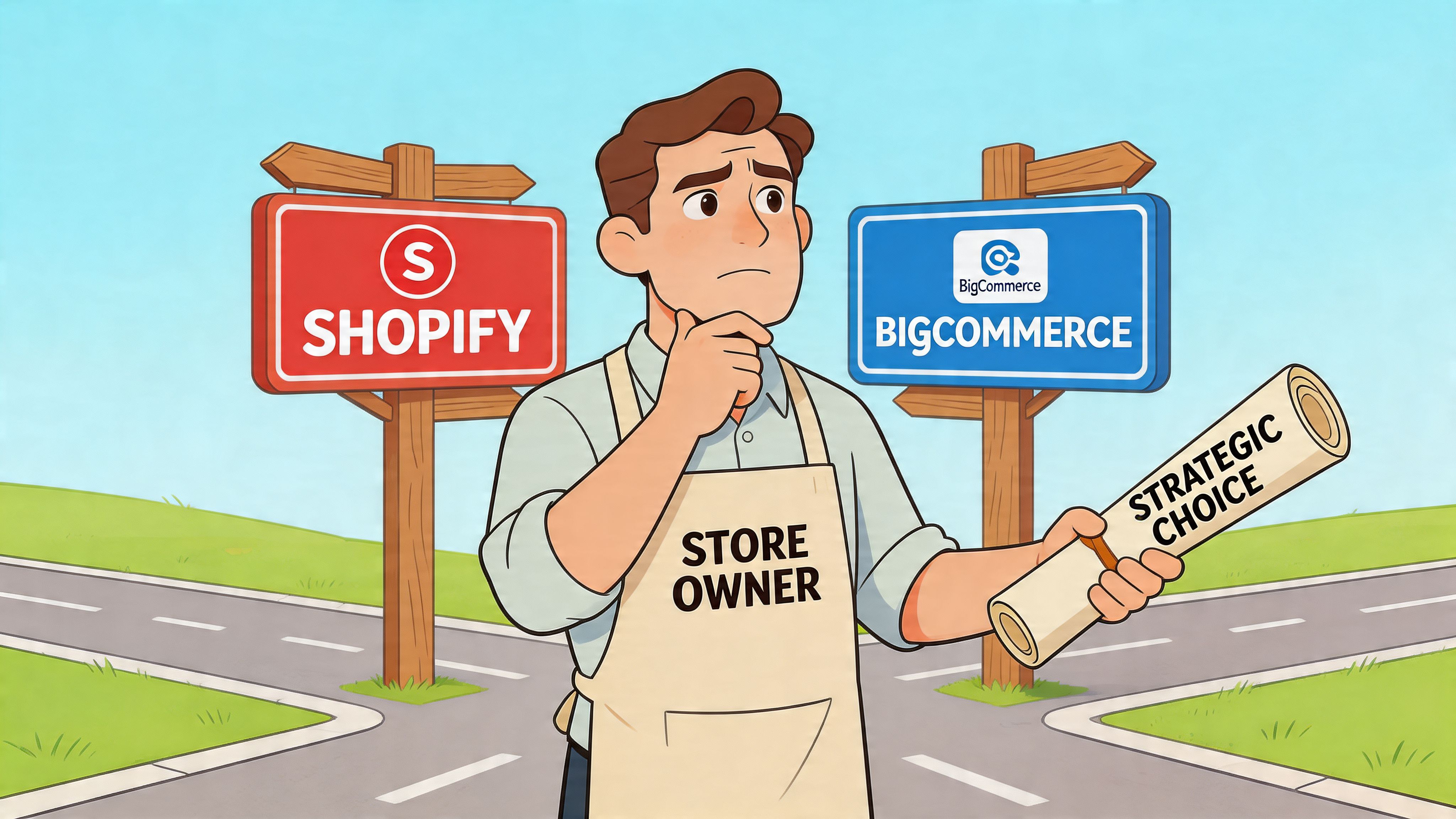 A store owner in an apron deciding between Shopify and BigCommerce for their online business strategic choice.