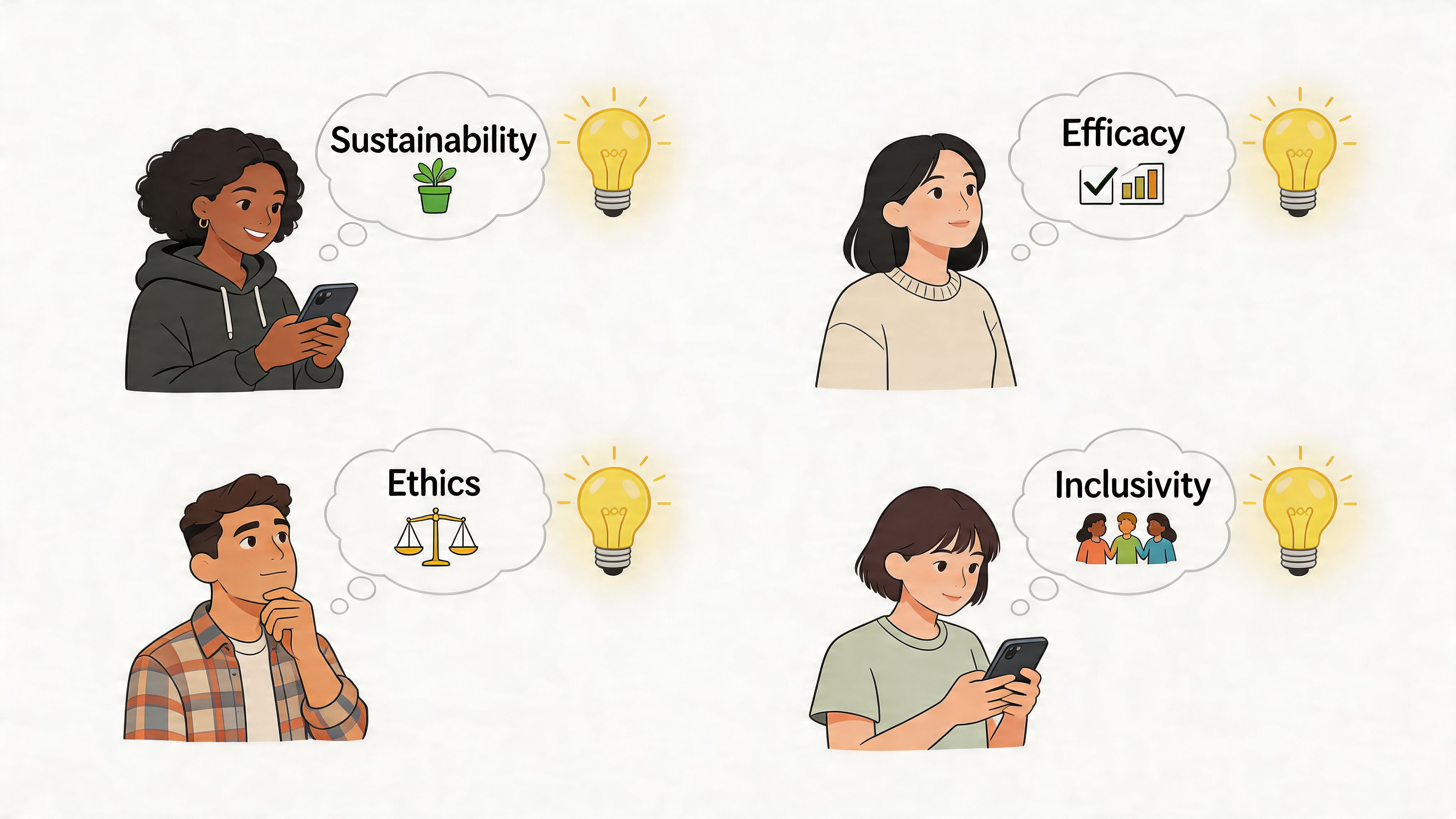 A collage showing four people thinking about sustainability, efficacy, ethics, and inclusivity in the beauty industry.