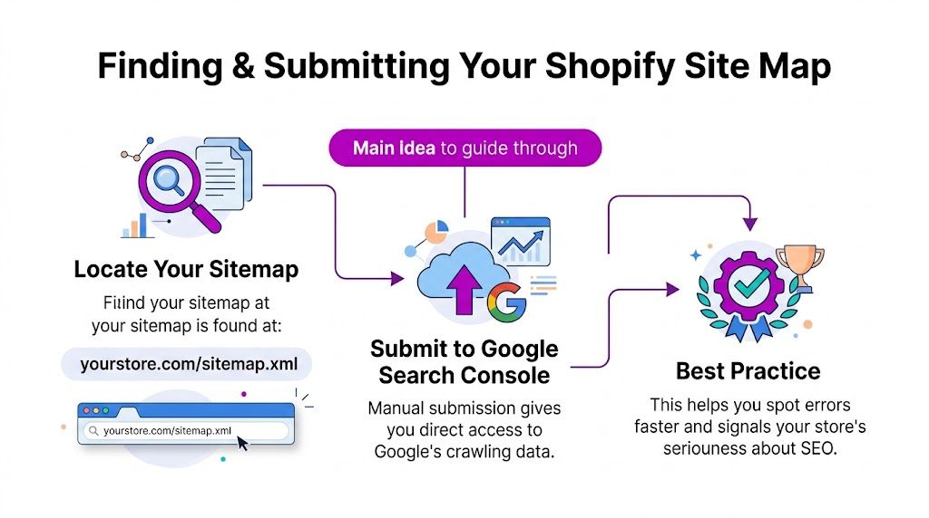 An infographic showing the three steps to locate and submit a Shopify site map to Google Search Console.