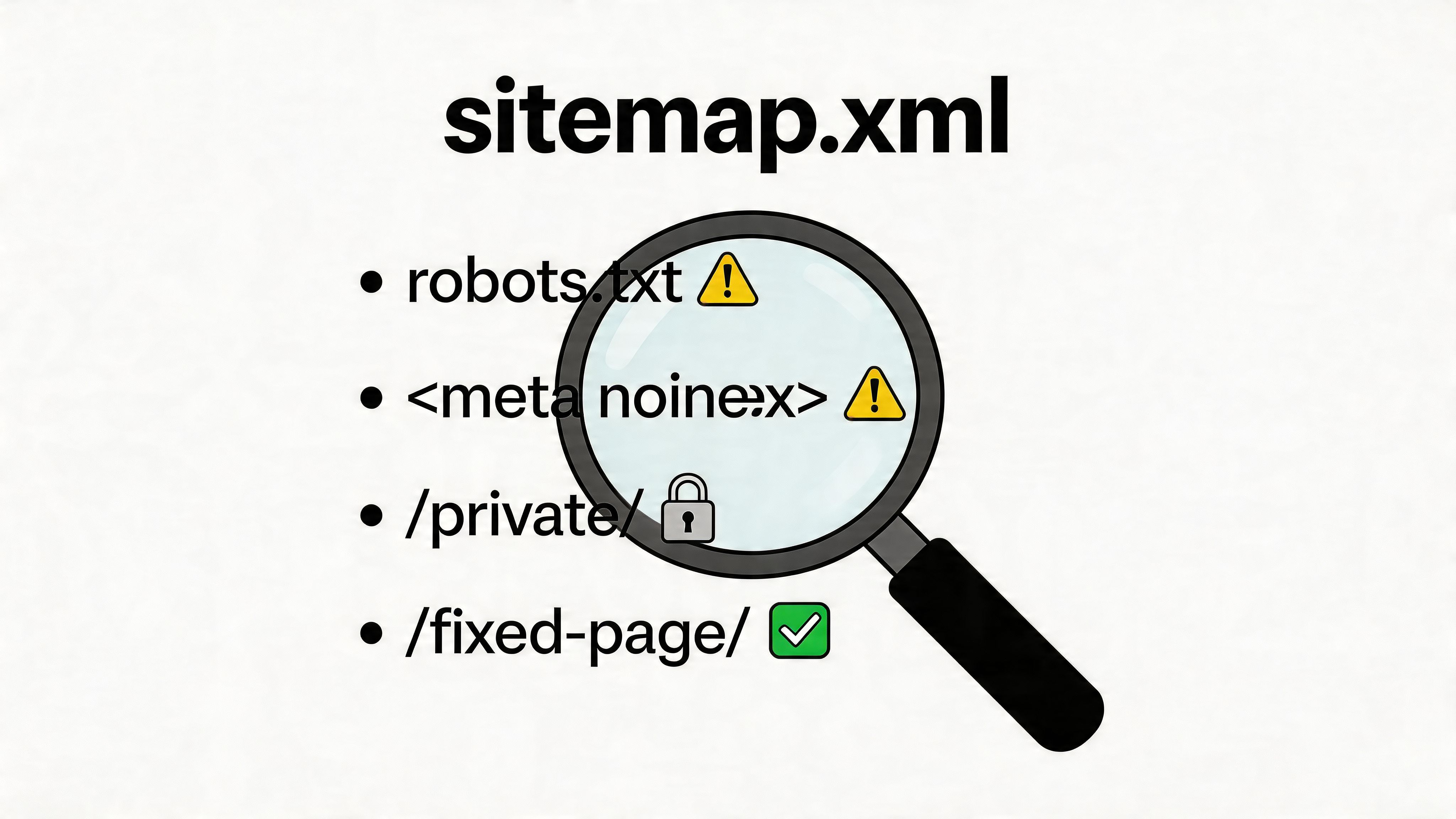 A magnifying glass inspecting sitemap.xml items including robots.txt, meta noindex, private directories, and fixed pages.