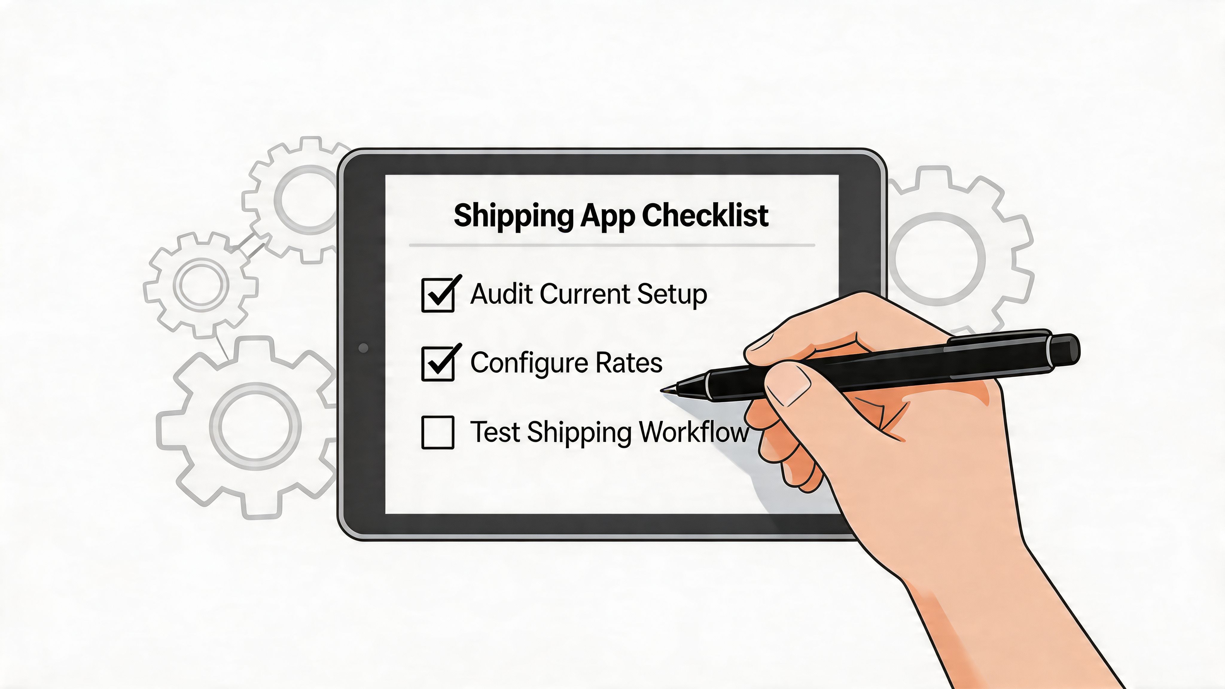 A digital illustration of a hand using a stylus to check off a shipping app checklist on tablet.