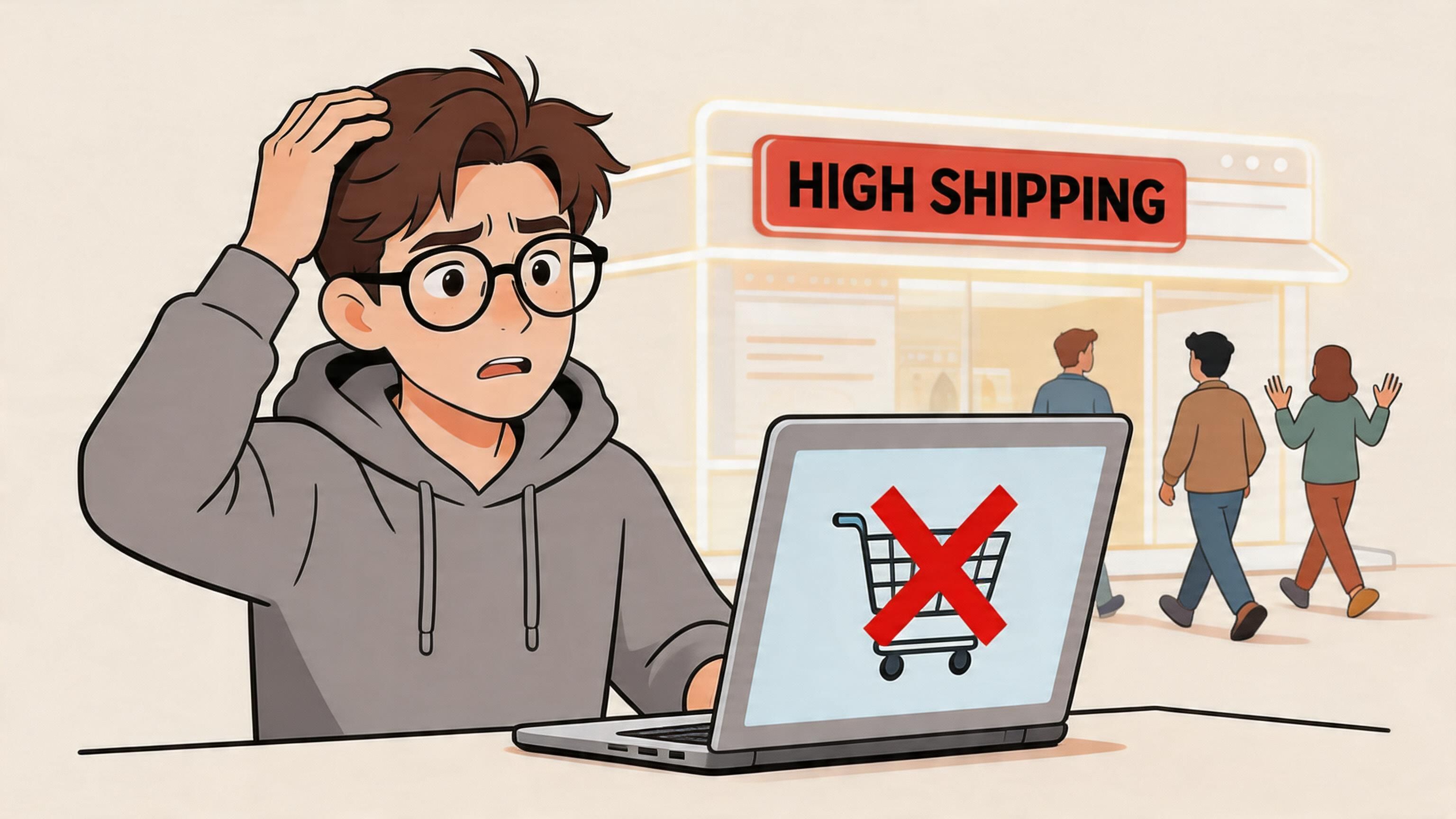 A worried young person looking at a laptop screen displaying a shopping cart with an red X.