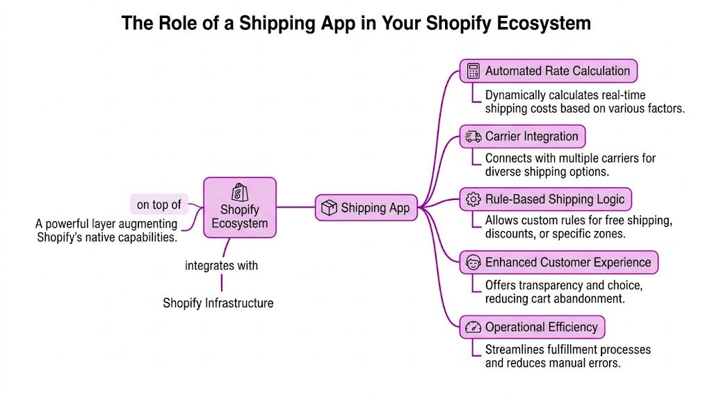 A diagram outlining the roles and benefits of using a shipping app within the Shopify ecosystem.