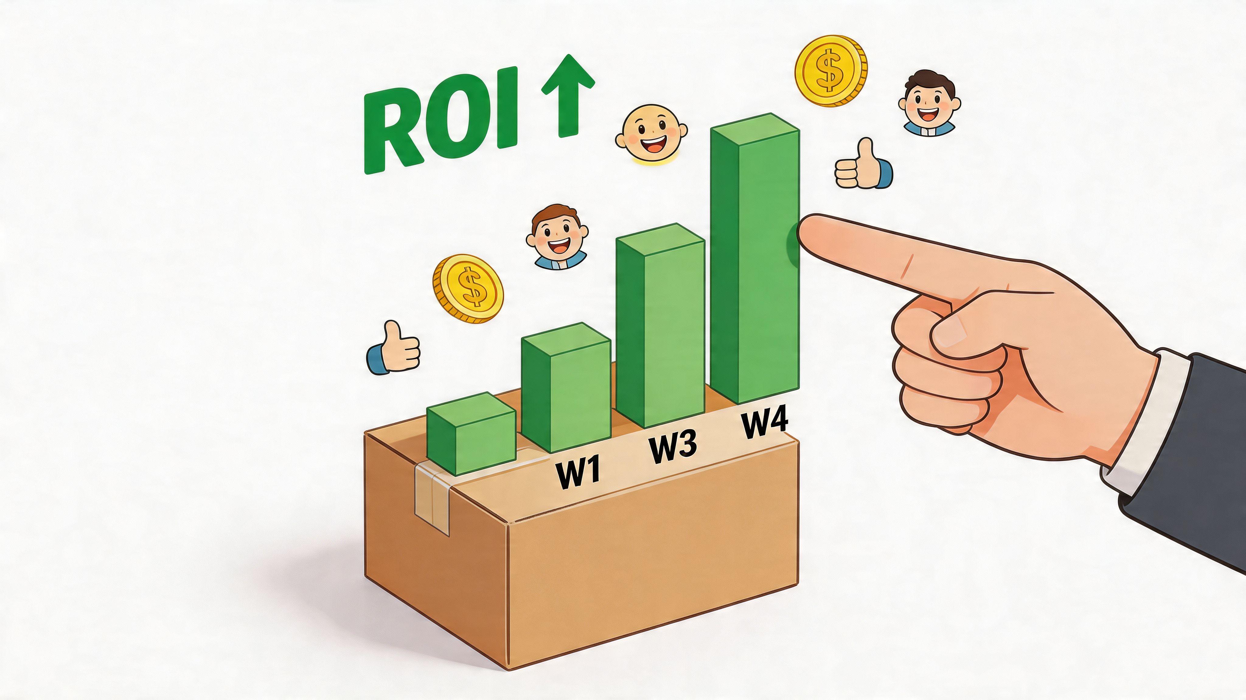 A hand pointing at a rising bar graph on a box representing increasing e-commerce shipping ROI.