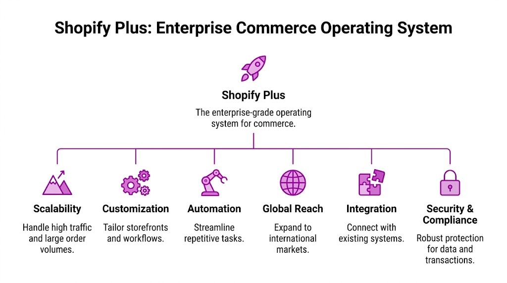 A diagram illustrating Shopify Plus as an enterprise commerce operating system with six key functional features.