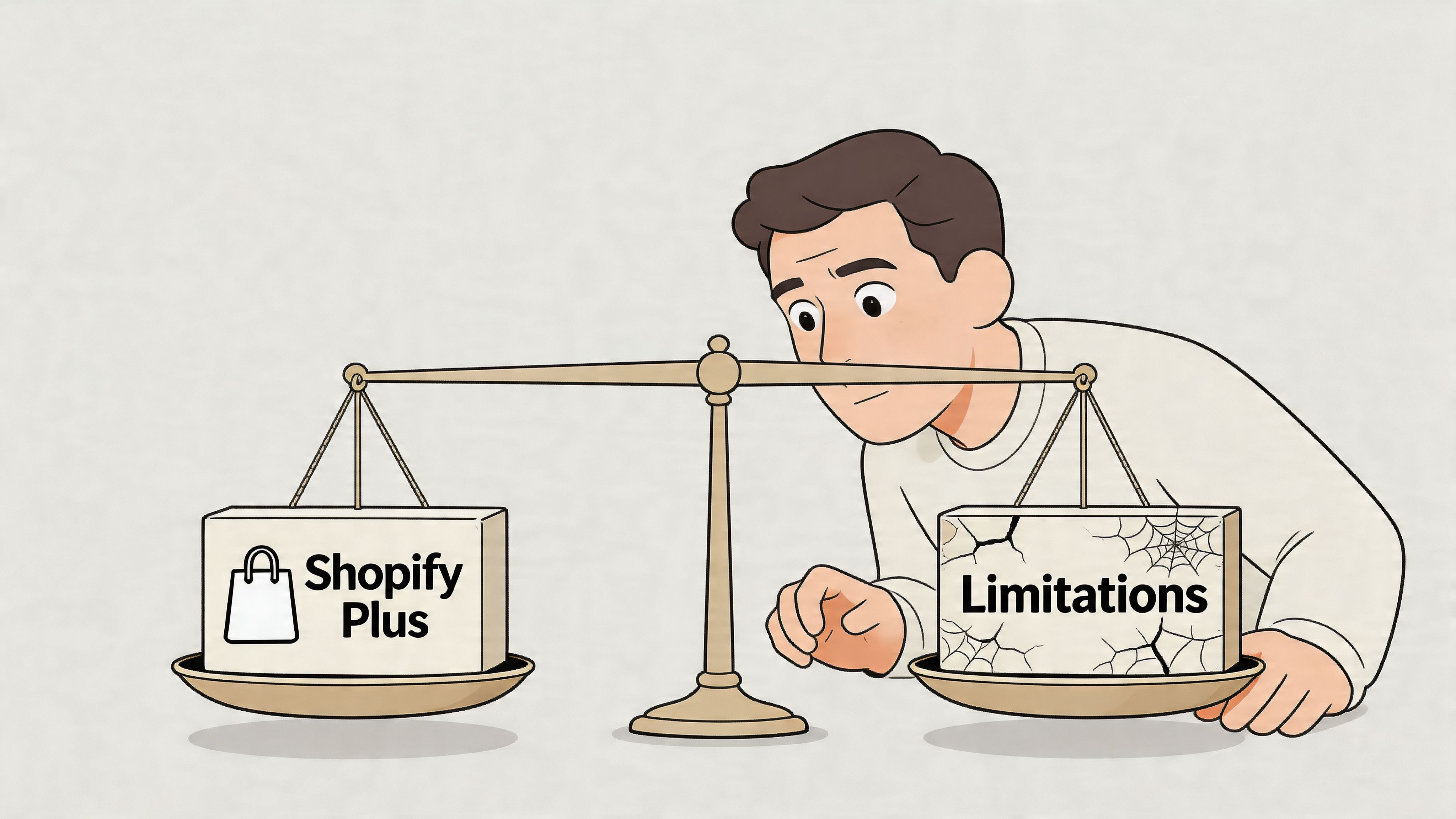 A person weighing Shopify Plus against business limitations on a balance scale to compare their value.
