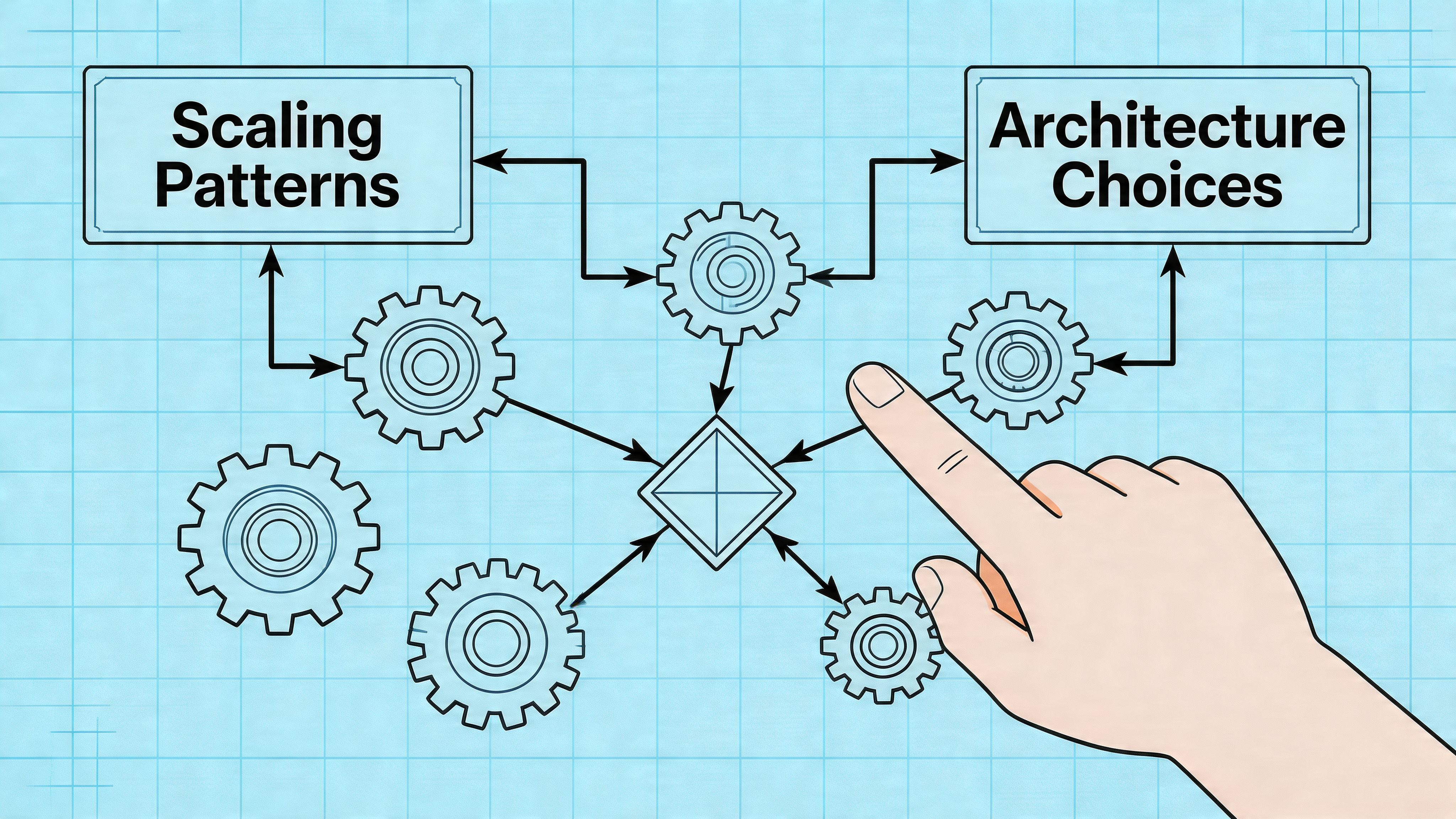 A hand pointing at a diagram connecting scaling patterns and architecture choices with gears and shapes.