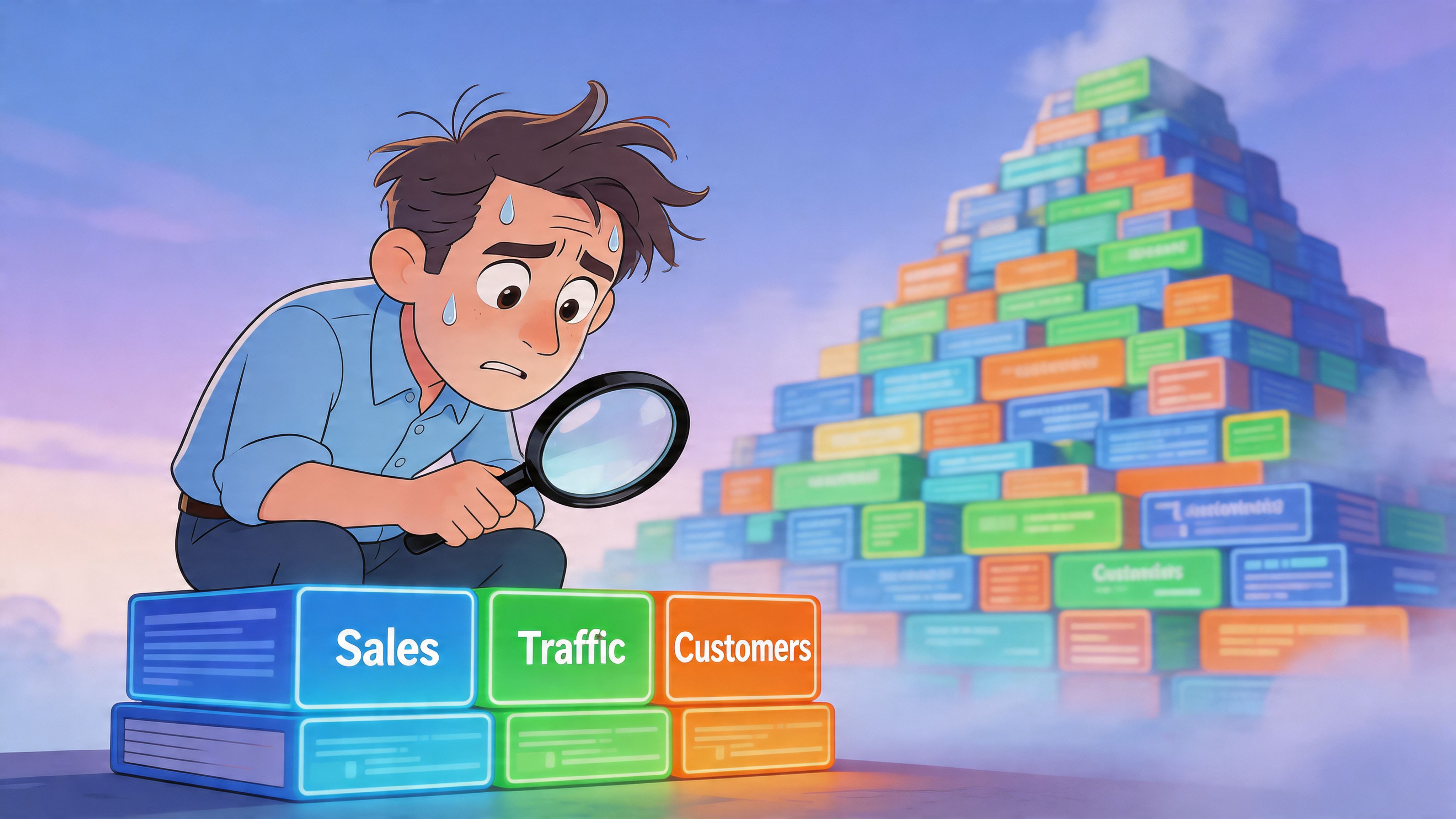 A stressed man using a magnifying glass to analyze data blocks labeled Sales, Traffic, and Customers.