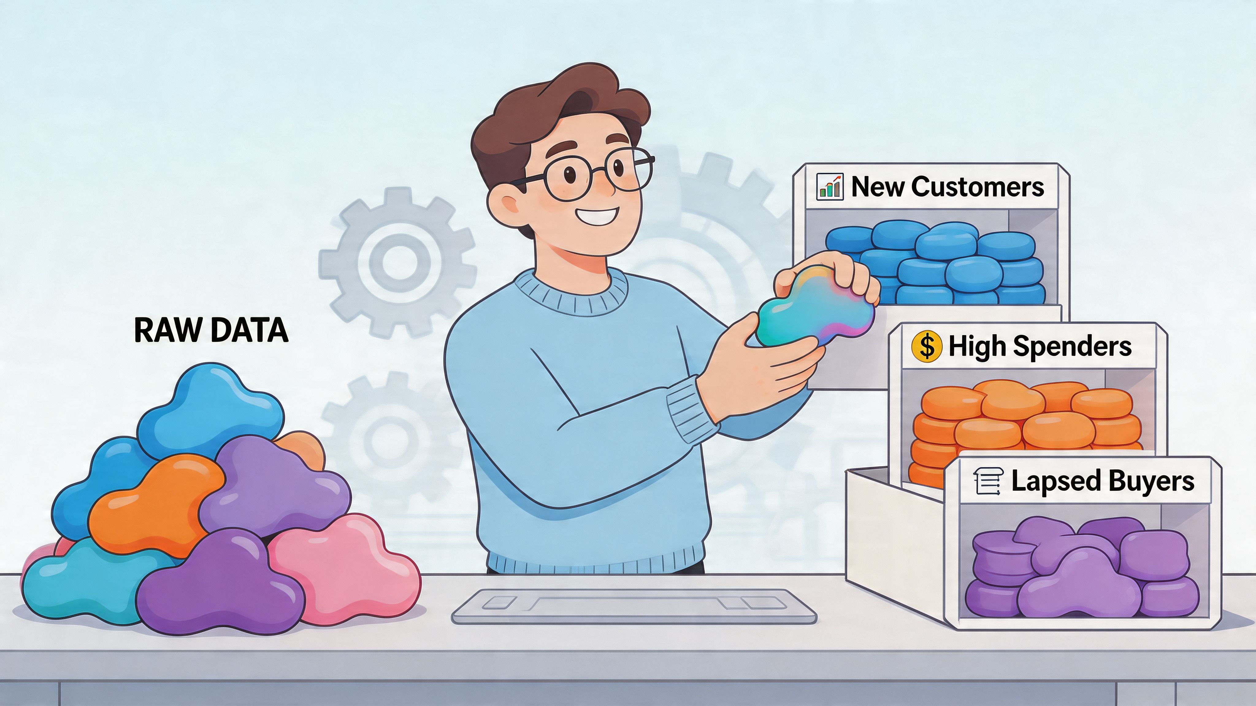 A professional organizing various customer data blobs into categorized bins for sales analysis and business growth.