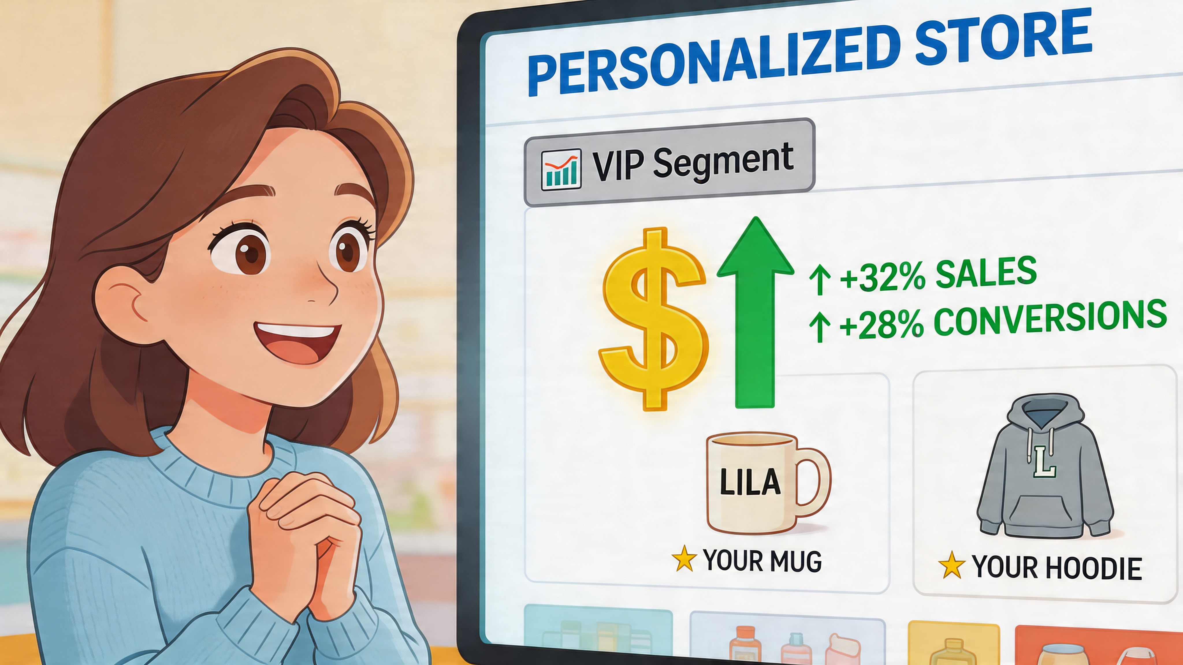 A happy woman looking at a screen displaying sales growth and personalized product recommendations for VIP customers.