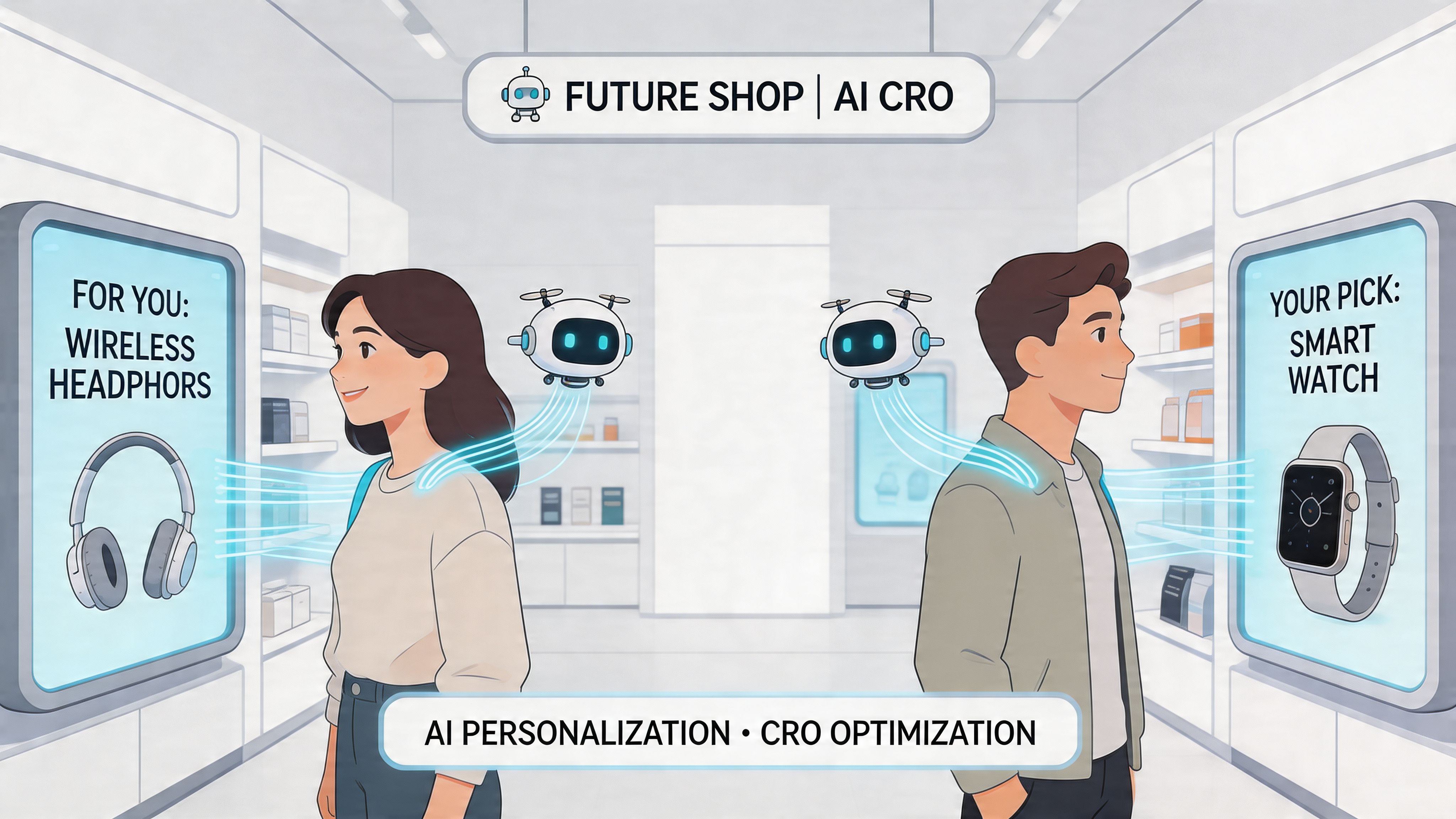 A digital illustration showing AI robots providing personalized product recommendations to two customers in a modern shop.