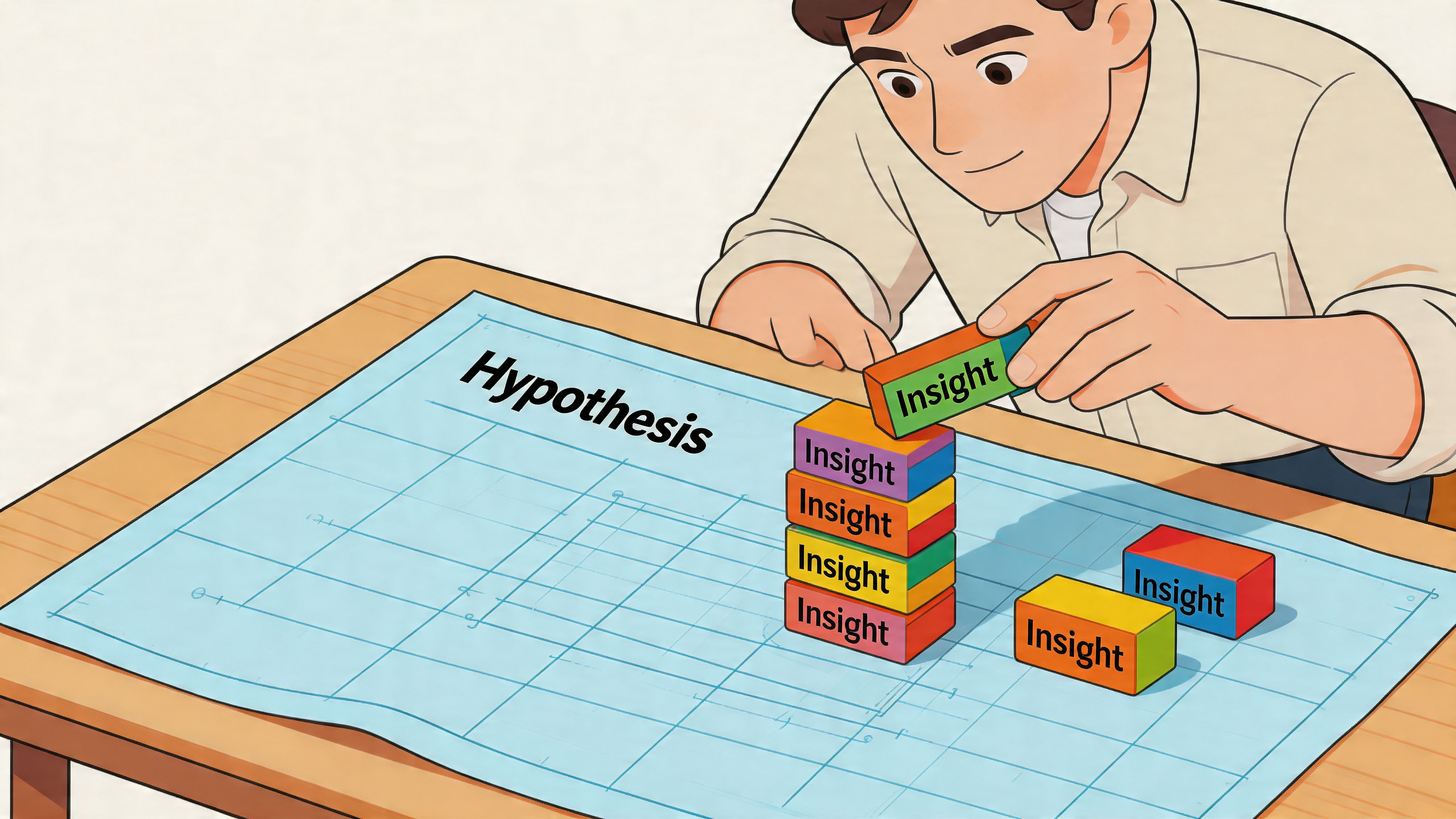 A person building a tower of blocks labeled Insight on a blueprint labeled Hypothesis to optimize conversions.