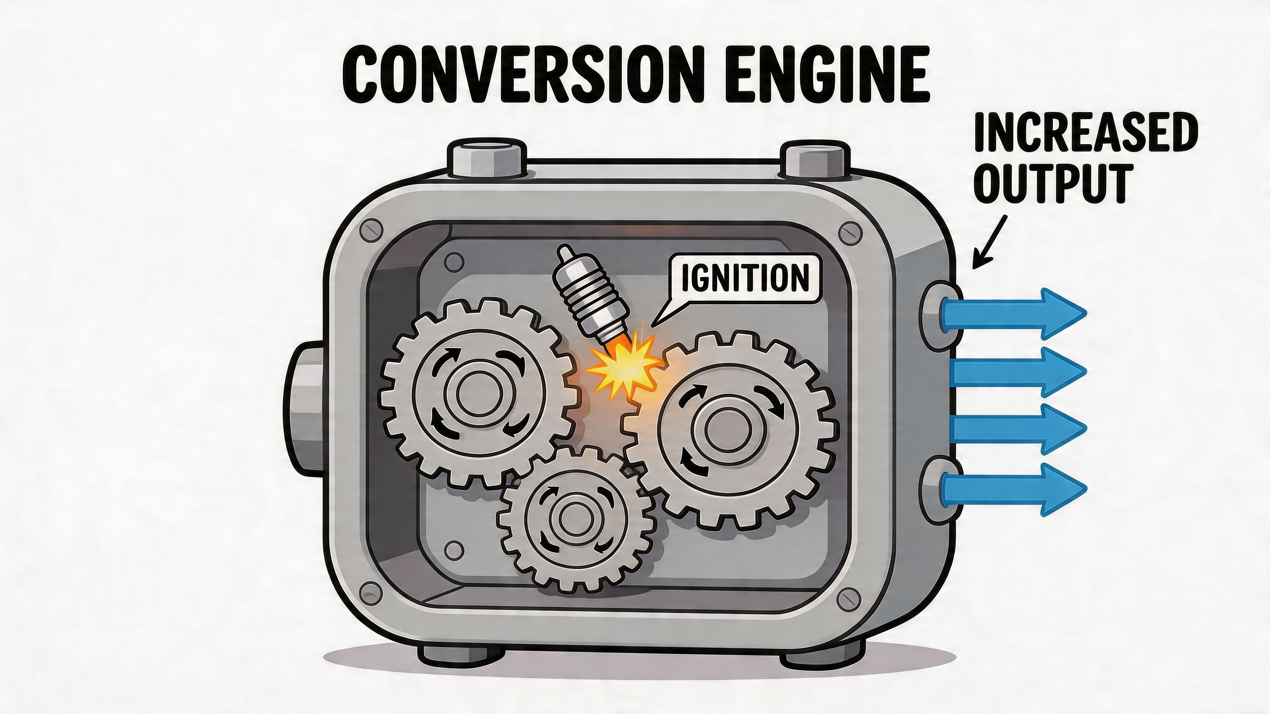 A conceptual illustration of a conversion engine mechanism with gears and an ignition spark, representing marketing productivity.