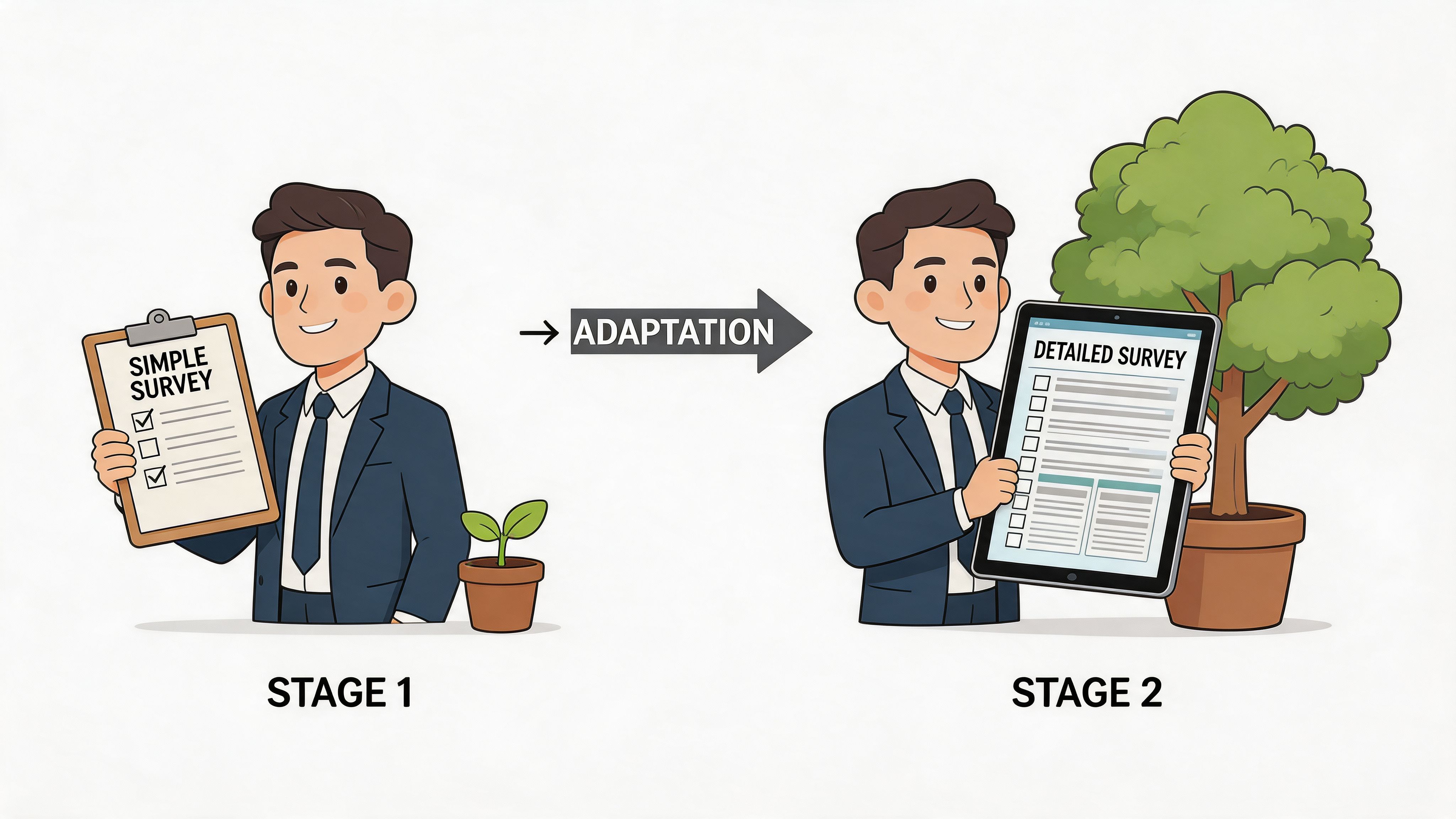 A businessman transitions from a simple clipboard survey to a digital detailed survey with a growing plant.