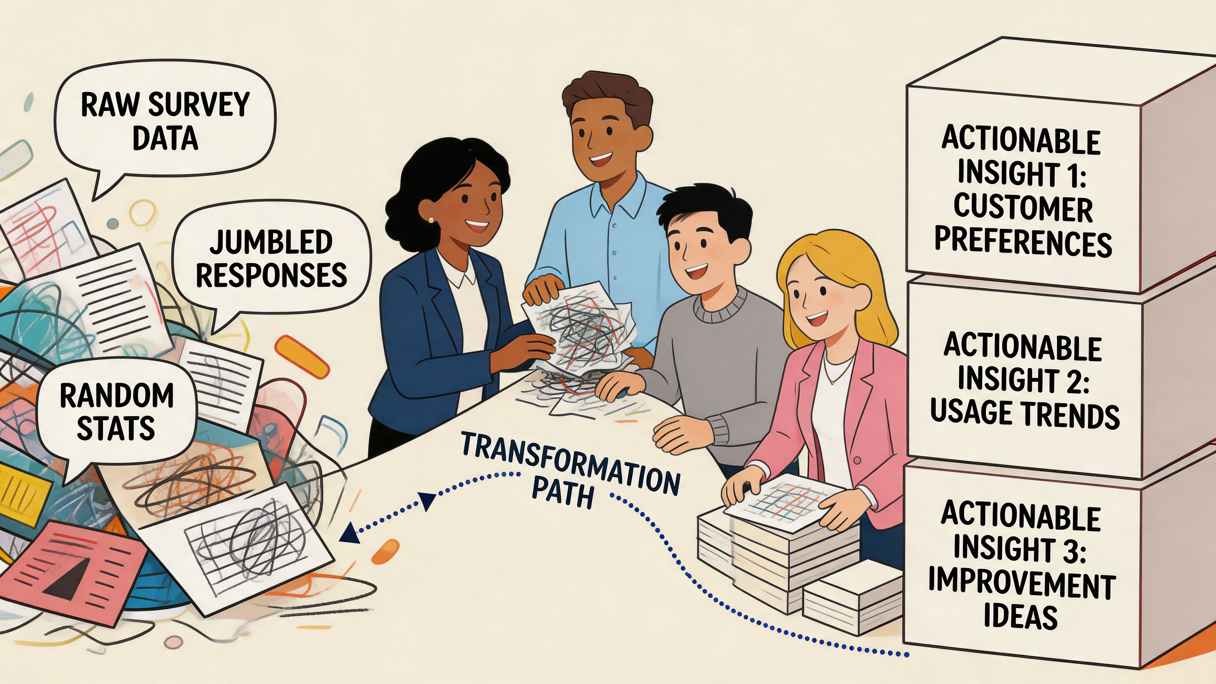 A professional team transforming messy raw survey data into structured actionable business insights and trends.