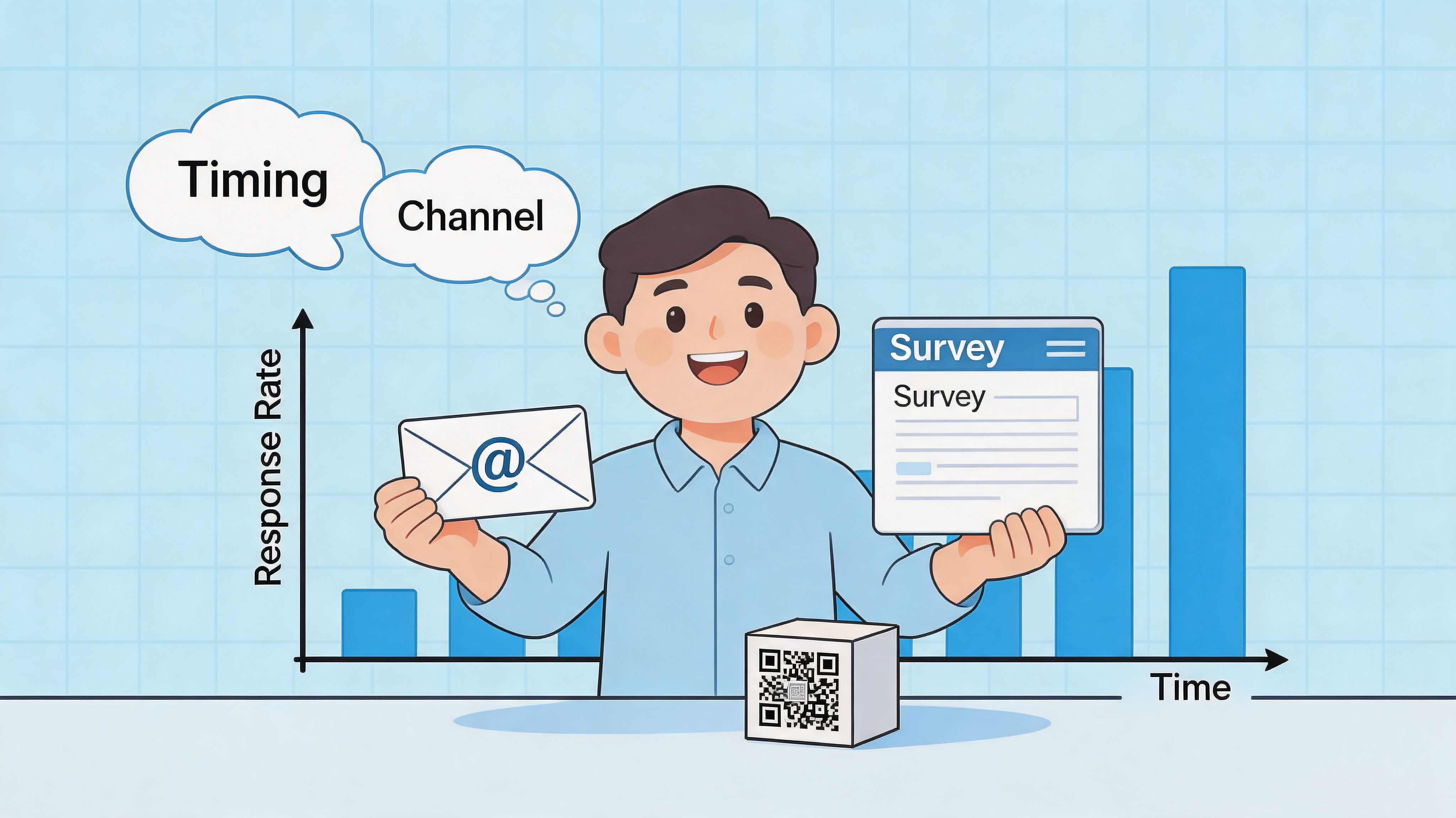 A friendly man holds a survey and an email icon with a QR code, representing data analysis.