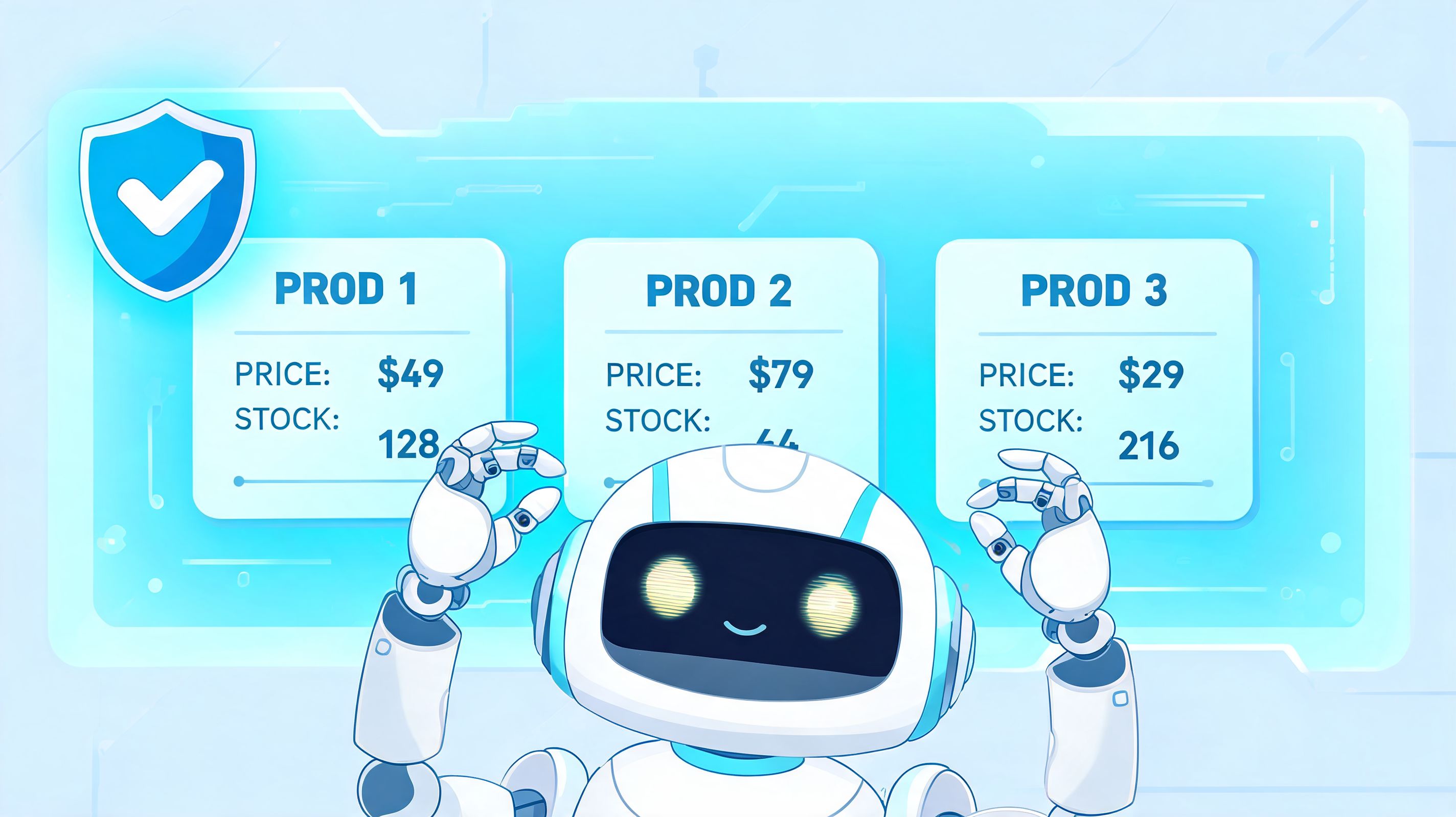 A cute robot gesturing in front of a digital display board showing product prices and stock levels.