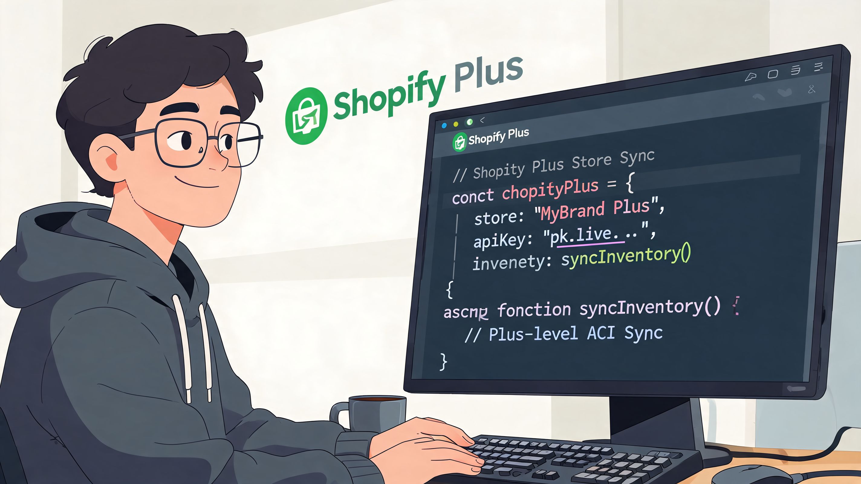 A digital illustration of a young developer writing code for Shopify Plus store inventory synchronization.