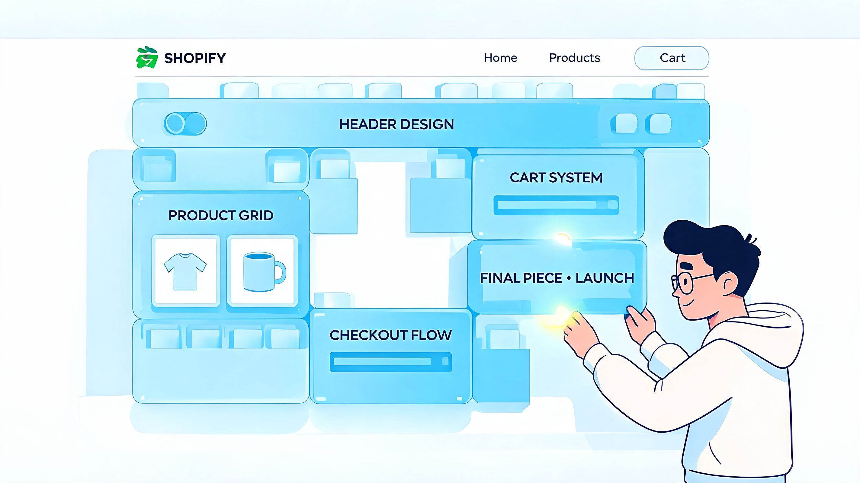 A digital illustration of a person building a Shopify website layout with interactive interface elements.