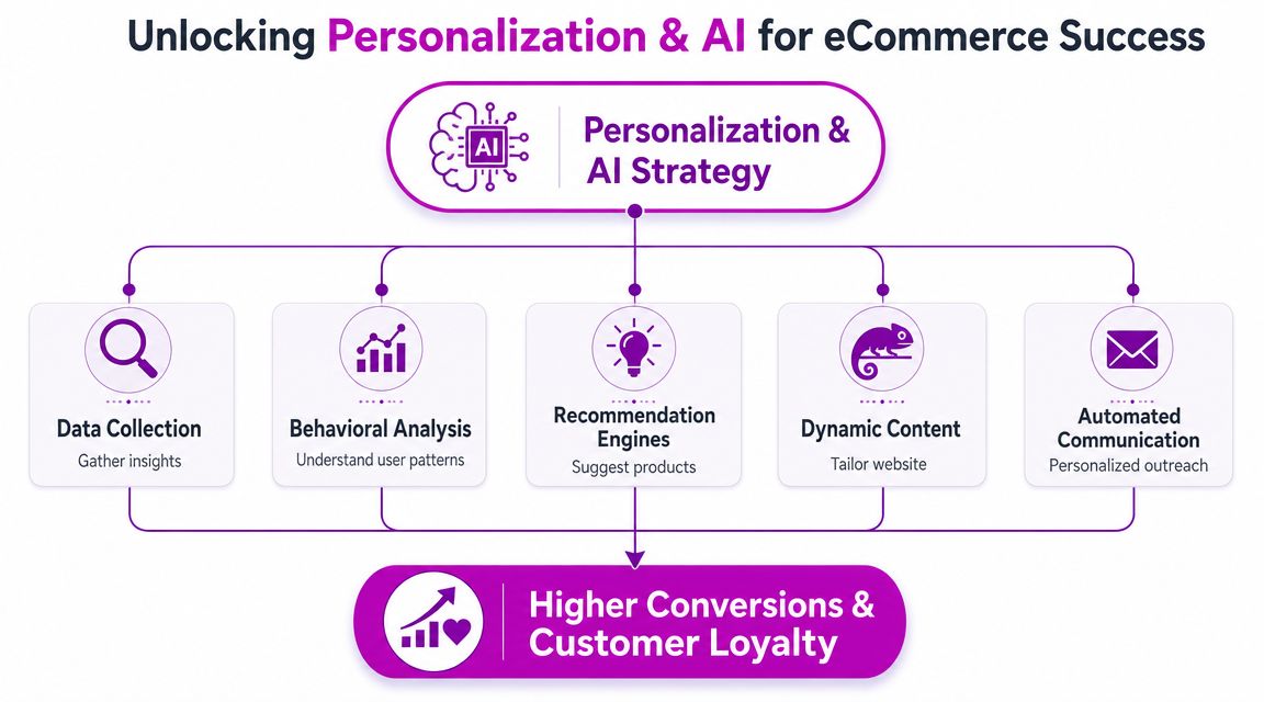 A flowchart showing how personalization and AI strategies lead to higher eCommerce conversions and customer loyalty.