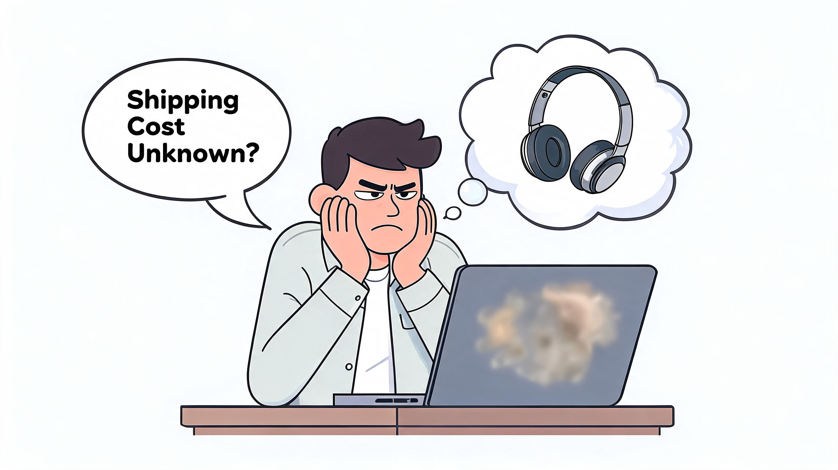 A frustrated man looking at his laptop computer while wondering about shipping costs for new headphones.