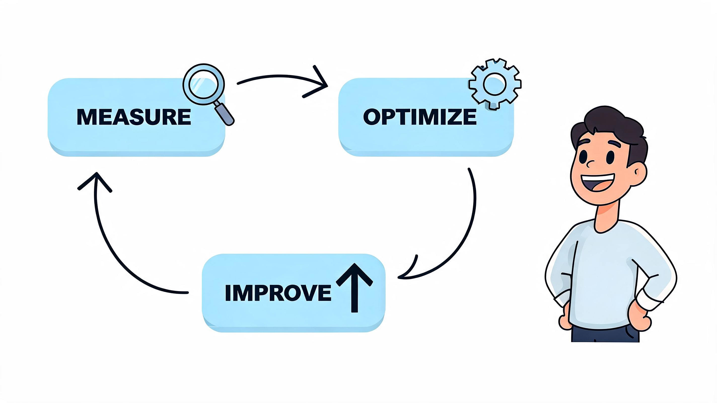 A diagram illustrating a continuous loop of measure, optimize, and improve with a smiling person watching.
