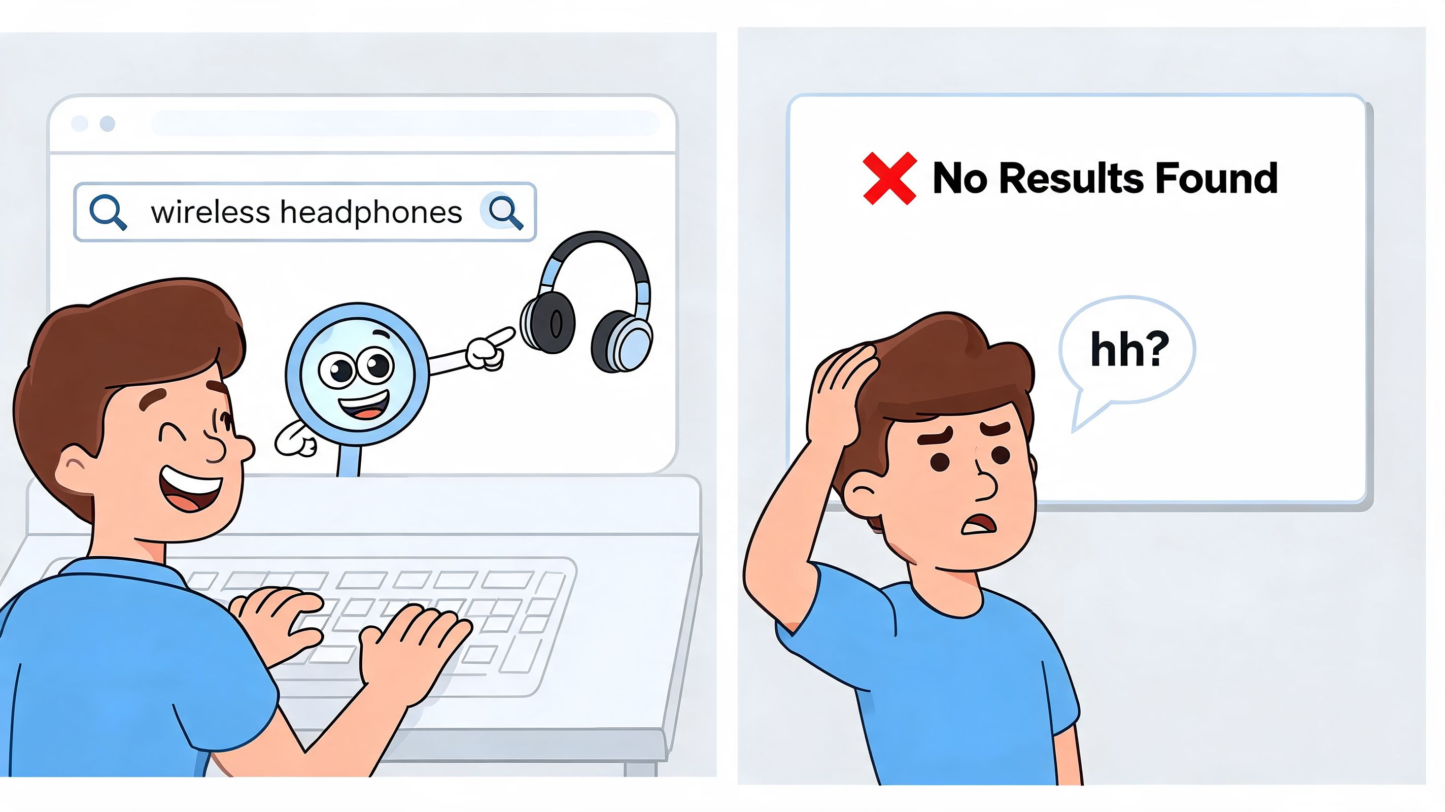 A split screen showing a person searching for wireless headphones and receiving a no results found message.
