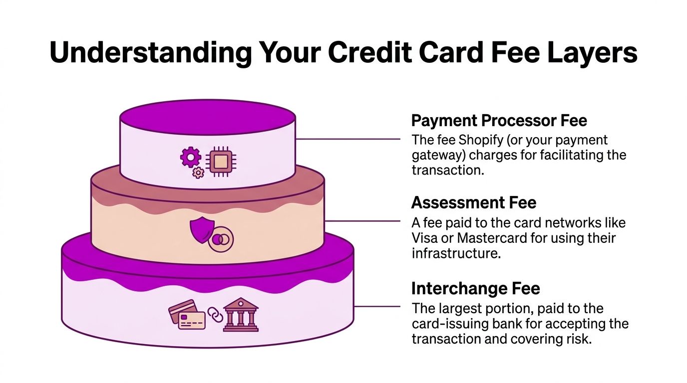A tiered cake graphic illustrating the three layers of credit card processing fees including payment processor, assessment, and interchange.