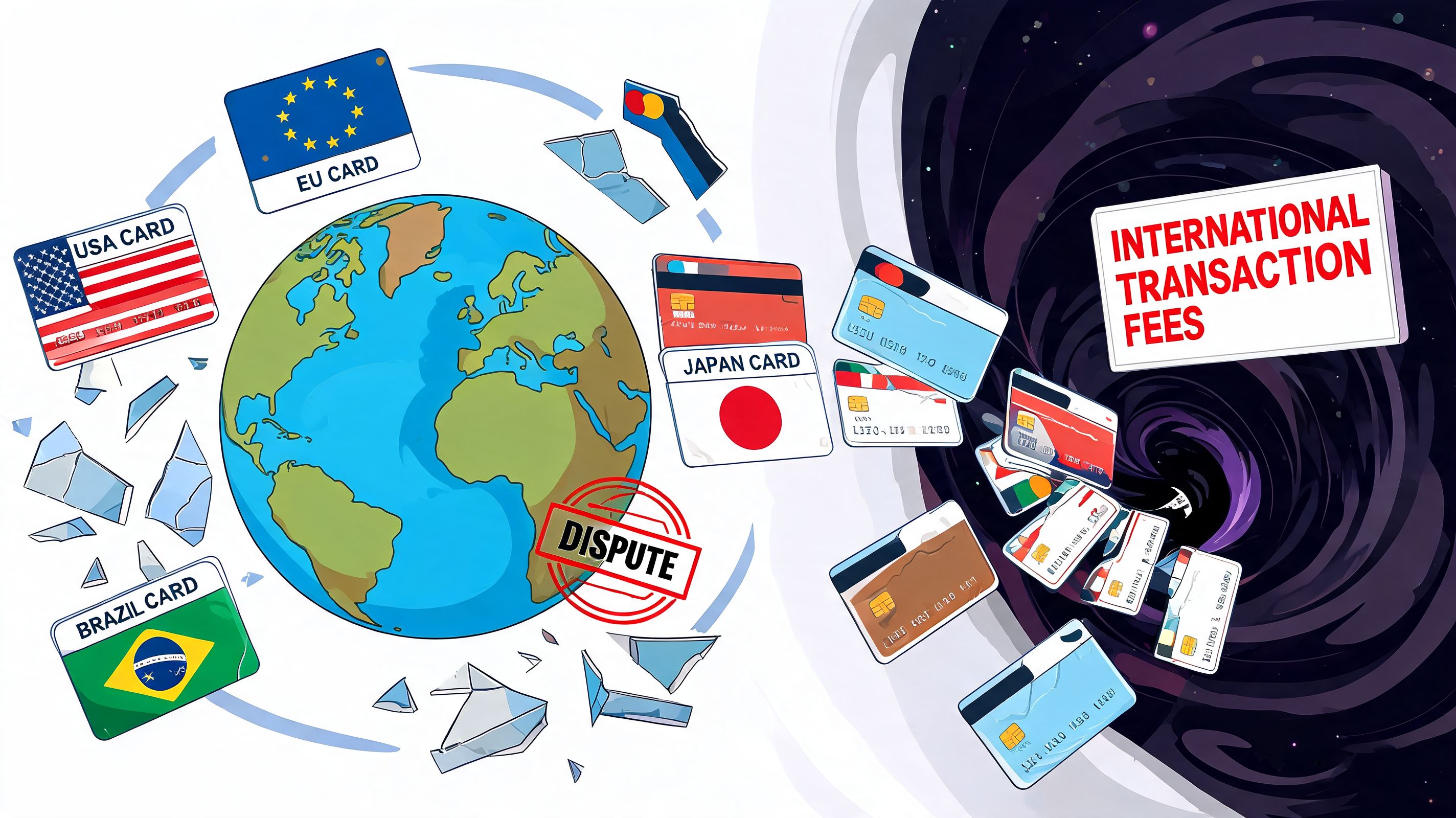 A conceptual illustration showing credit cards from different countries being pulled into a black hole labeled transaction fees.