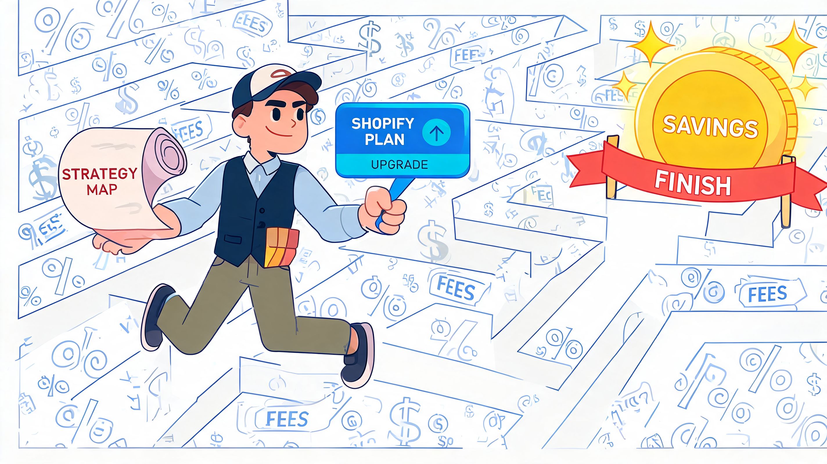 A cartoon man navigating a maze of fees to reach a golden savings finish line.