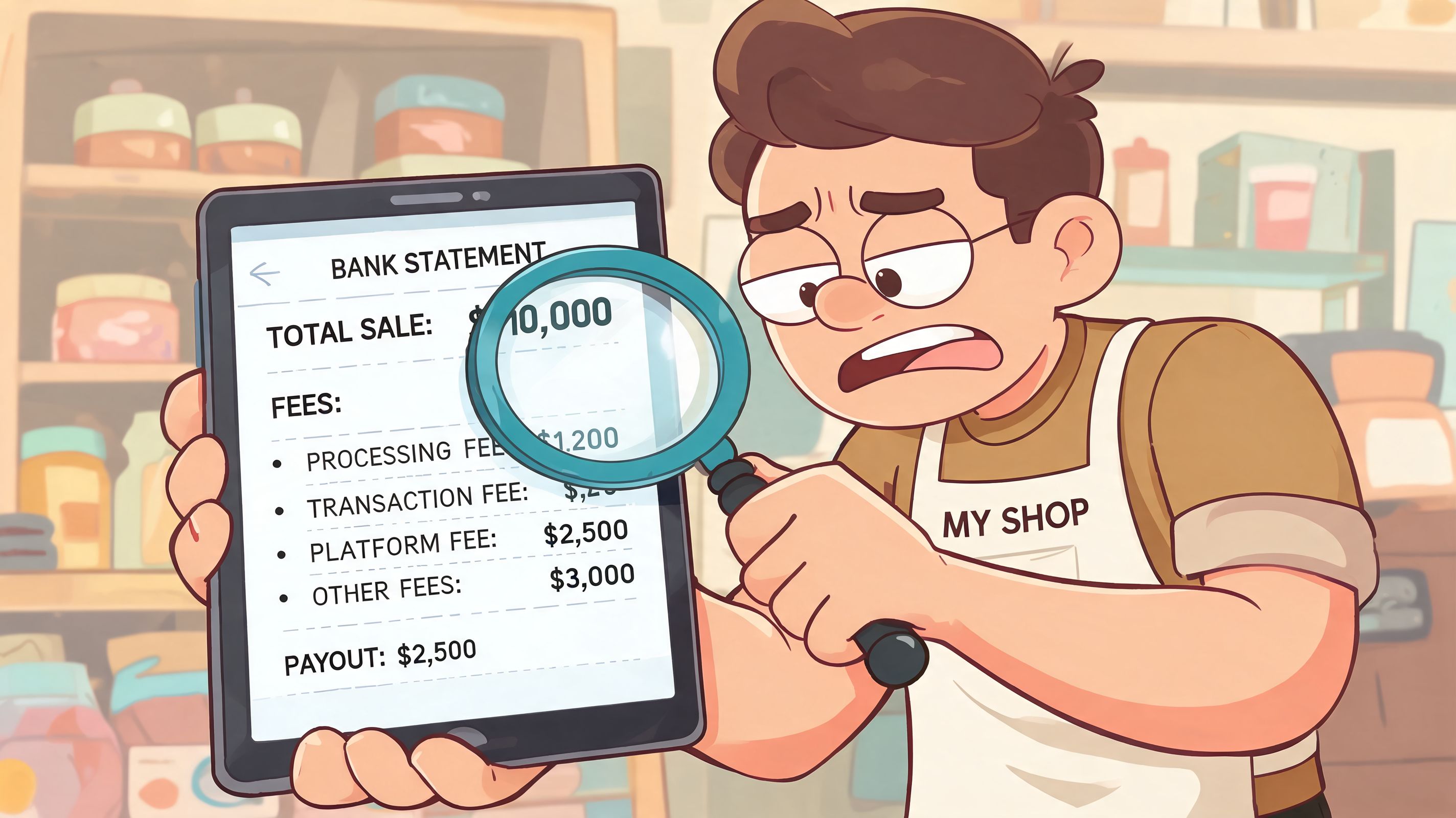 A confused shop owner looking through a magnifying glass at high platform fees on a tablet screen.