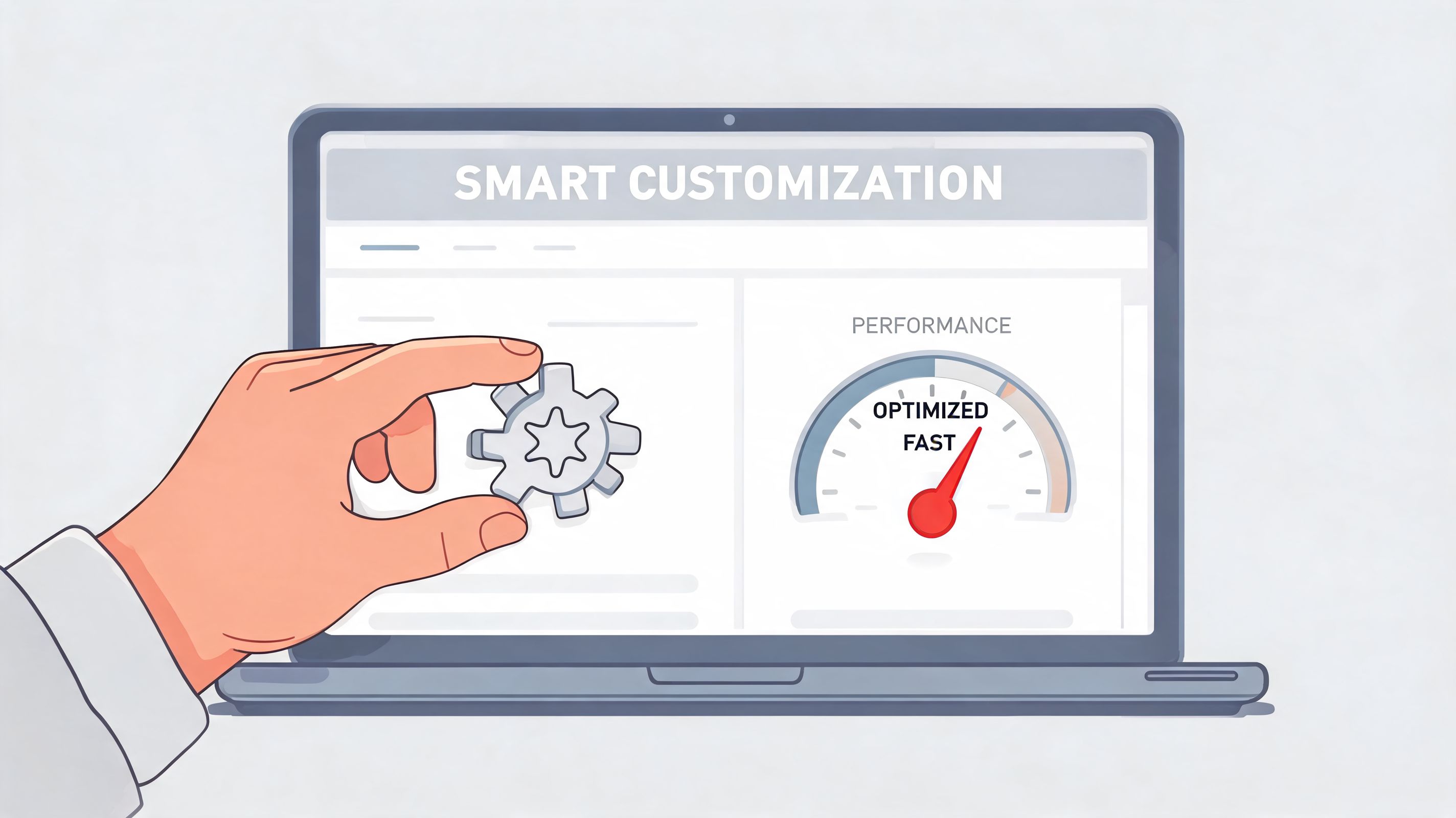 A hand adjusts a gear icon on a laptop screen showing performance optimization settings for website development.