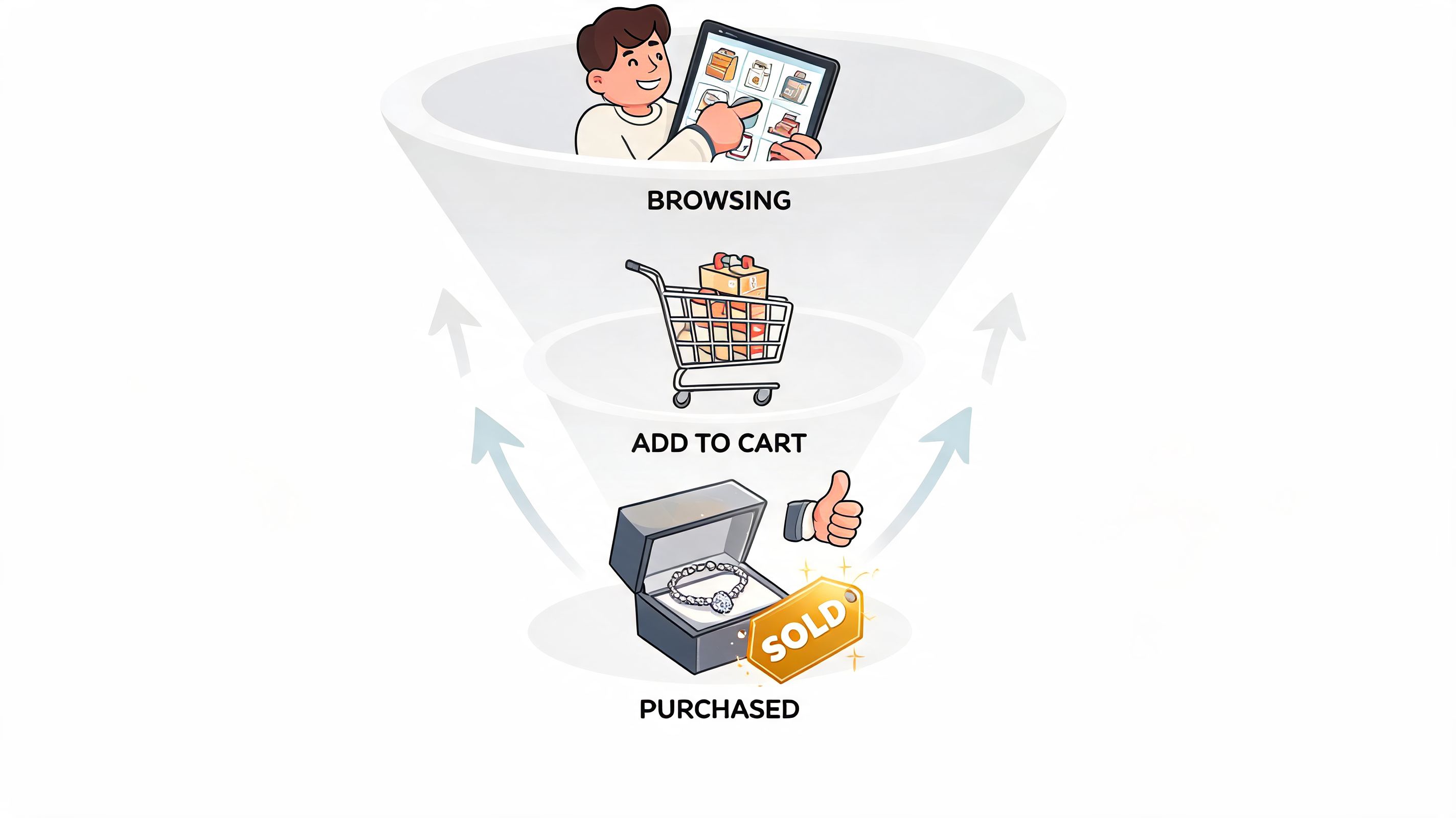 A marketing funnel illustration showing steps from browsing products to adding items to a shopping cart and purchasing.