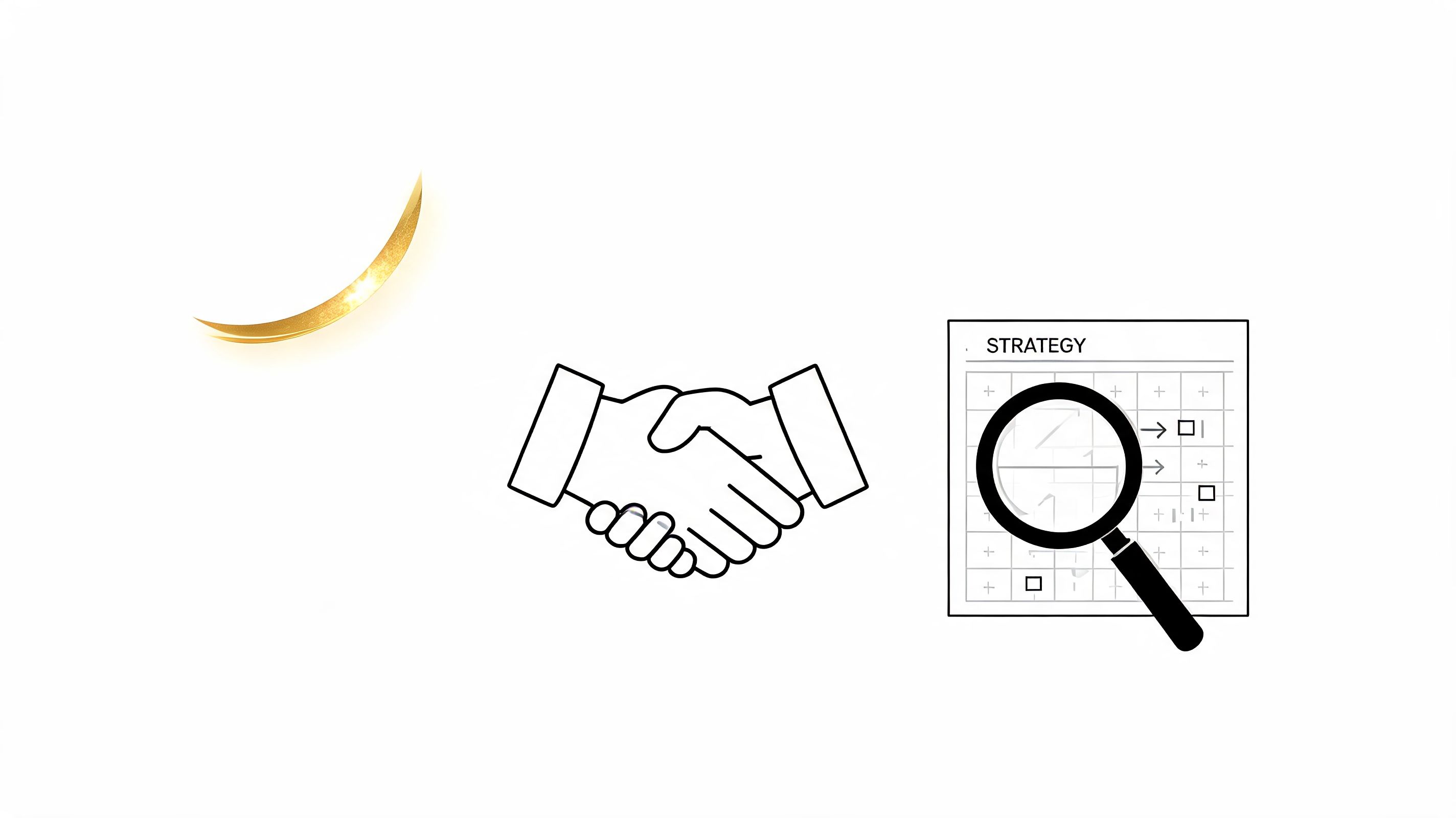 A golden crescent moon next to a handshake icon and a strategy document with a magnifying glass.