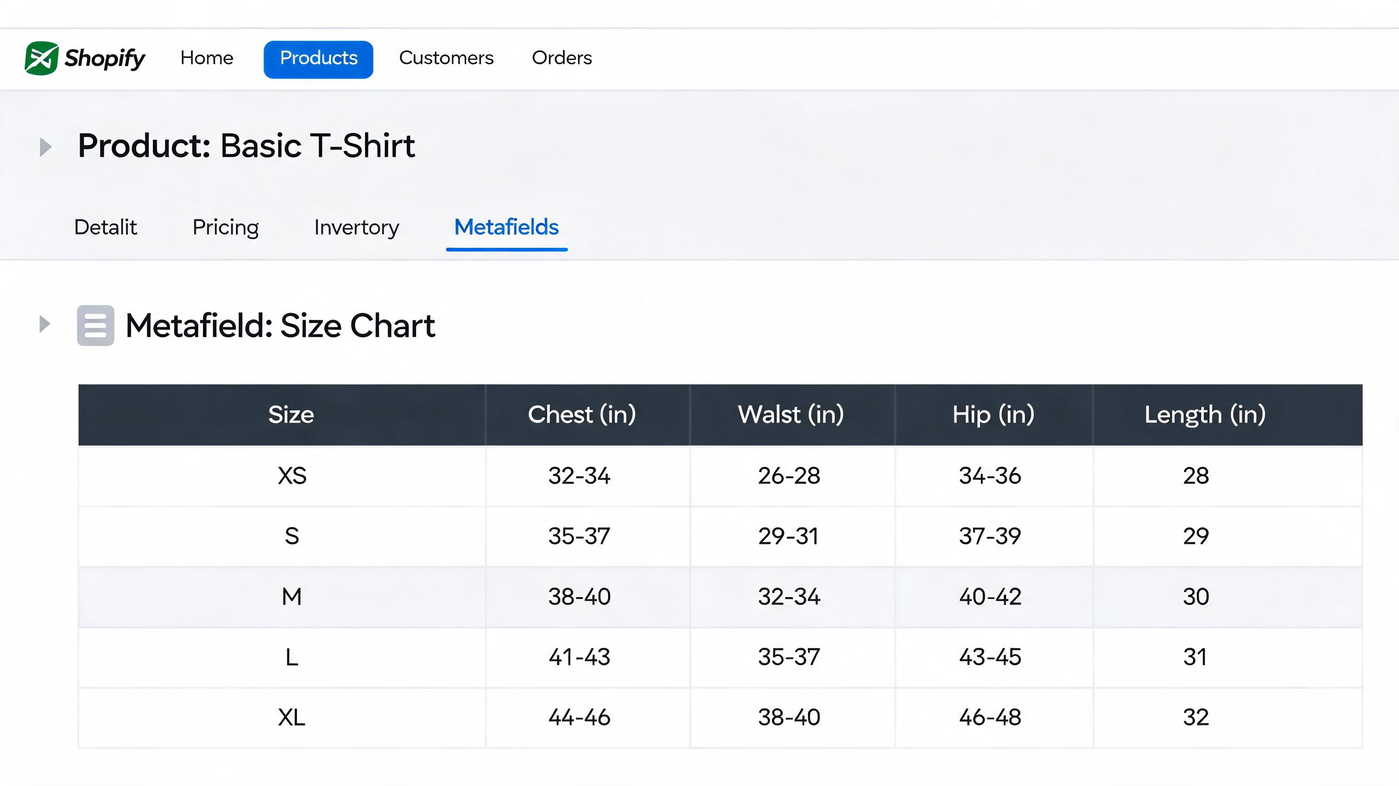 A Shopify dashboard interface displaying a size chart metafield table for a basic T-shirt product configuration.