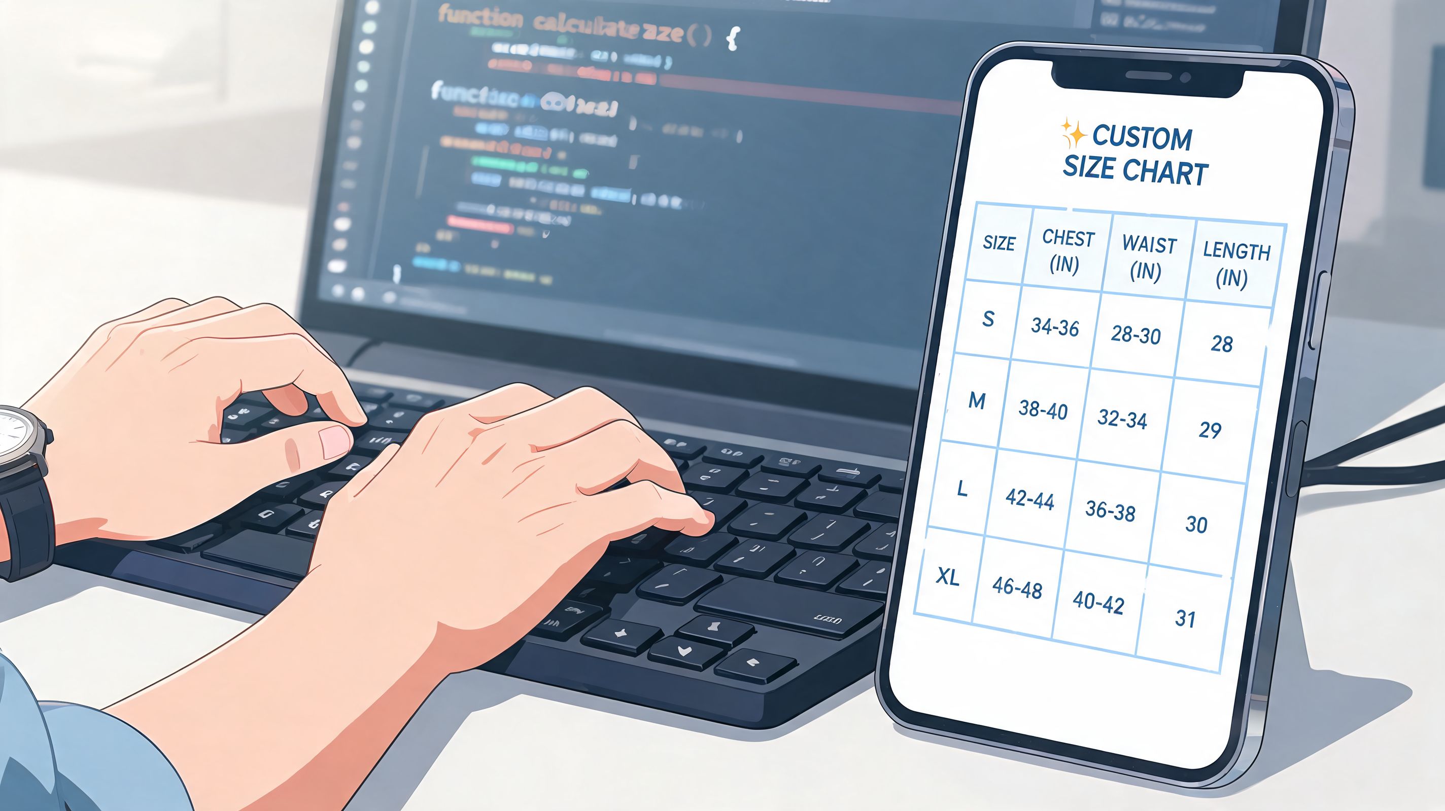 A person coding on a laptop next to a smartphone displaying a custom apparel size chart.
