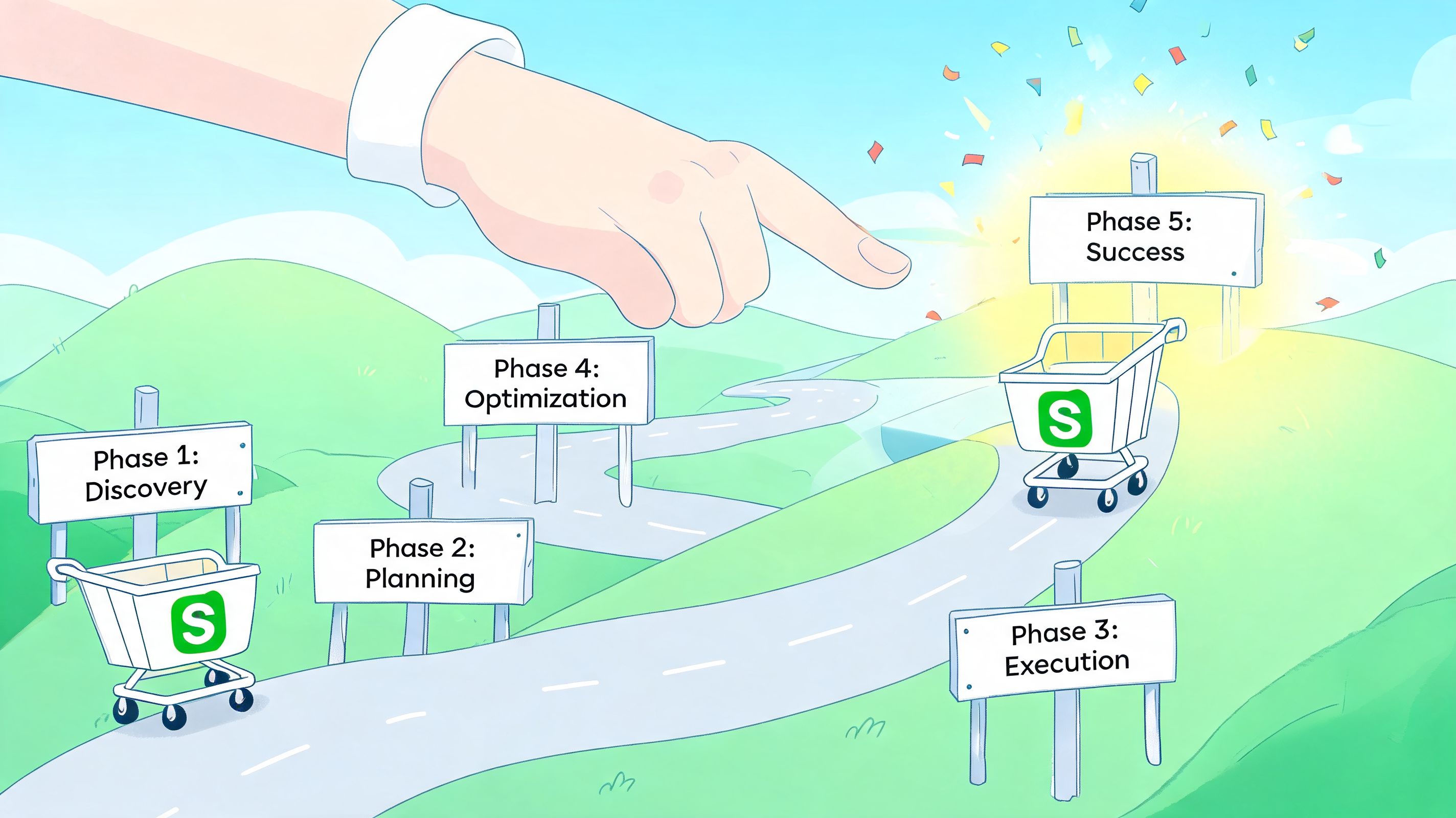 A hand pointing to a road map illustrating the five phases of strategic marketing success.
