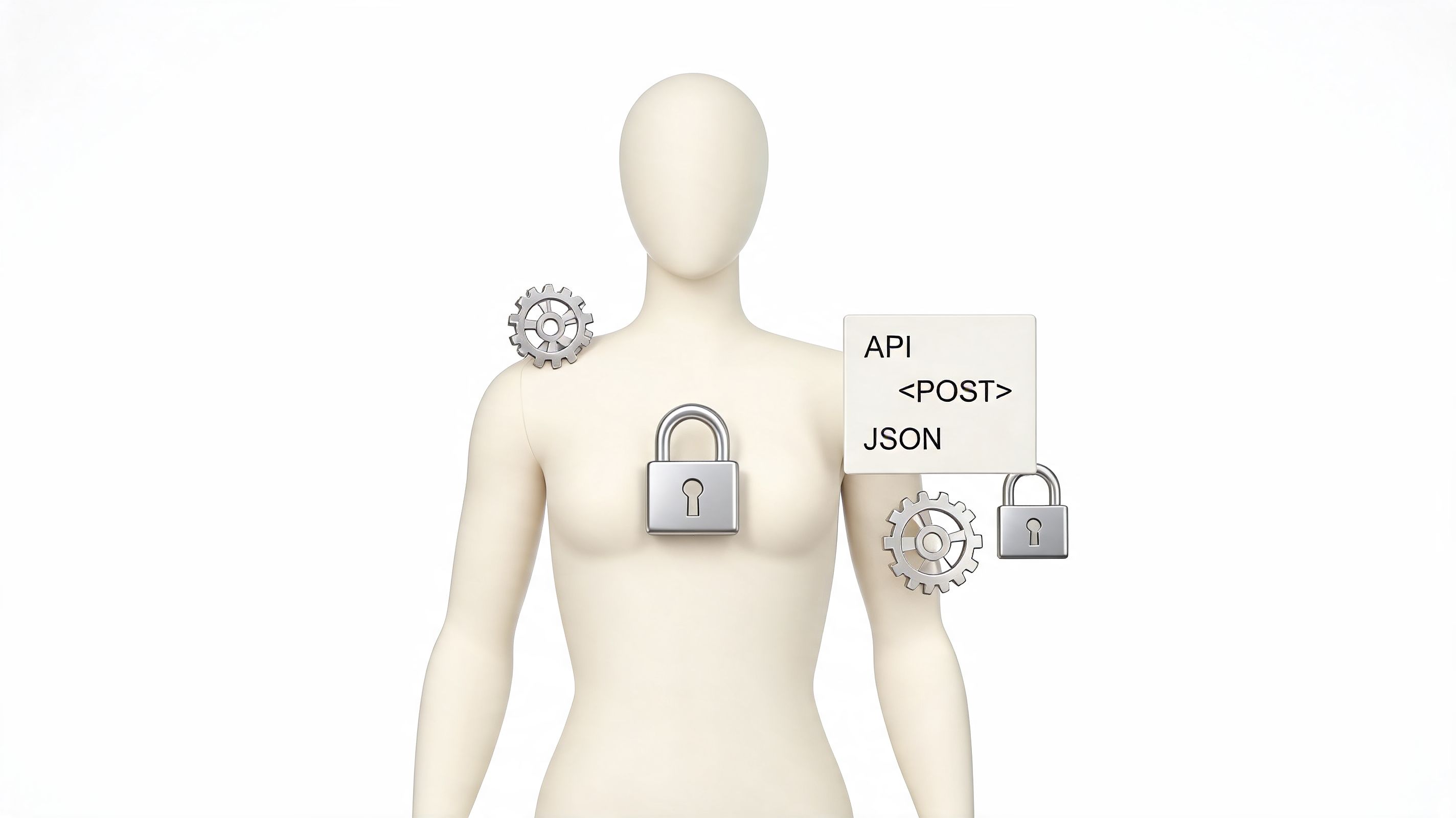 A 3D model of a human torso surrounded by security locks, gears, and digital API text.