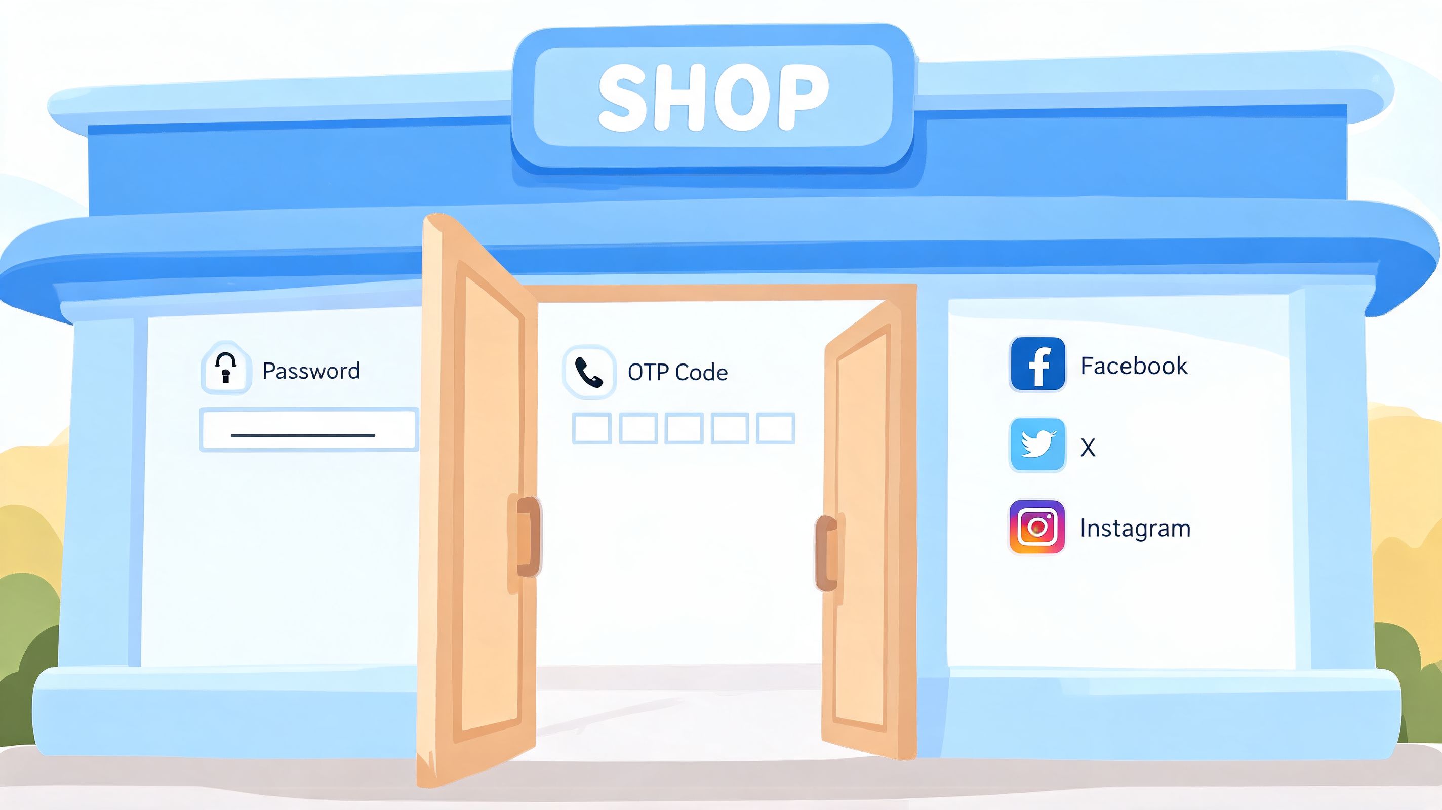 A conceptual illustration of a digital storefront featuring various authentication methods including password, OTP code, and social media login.