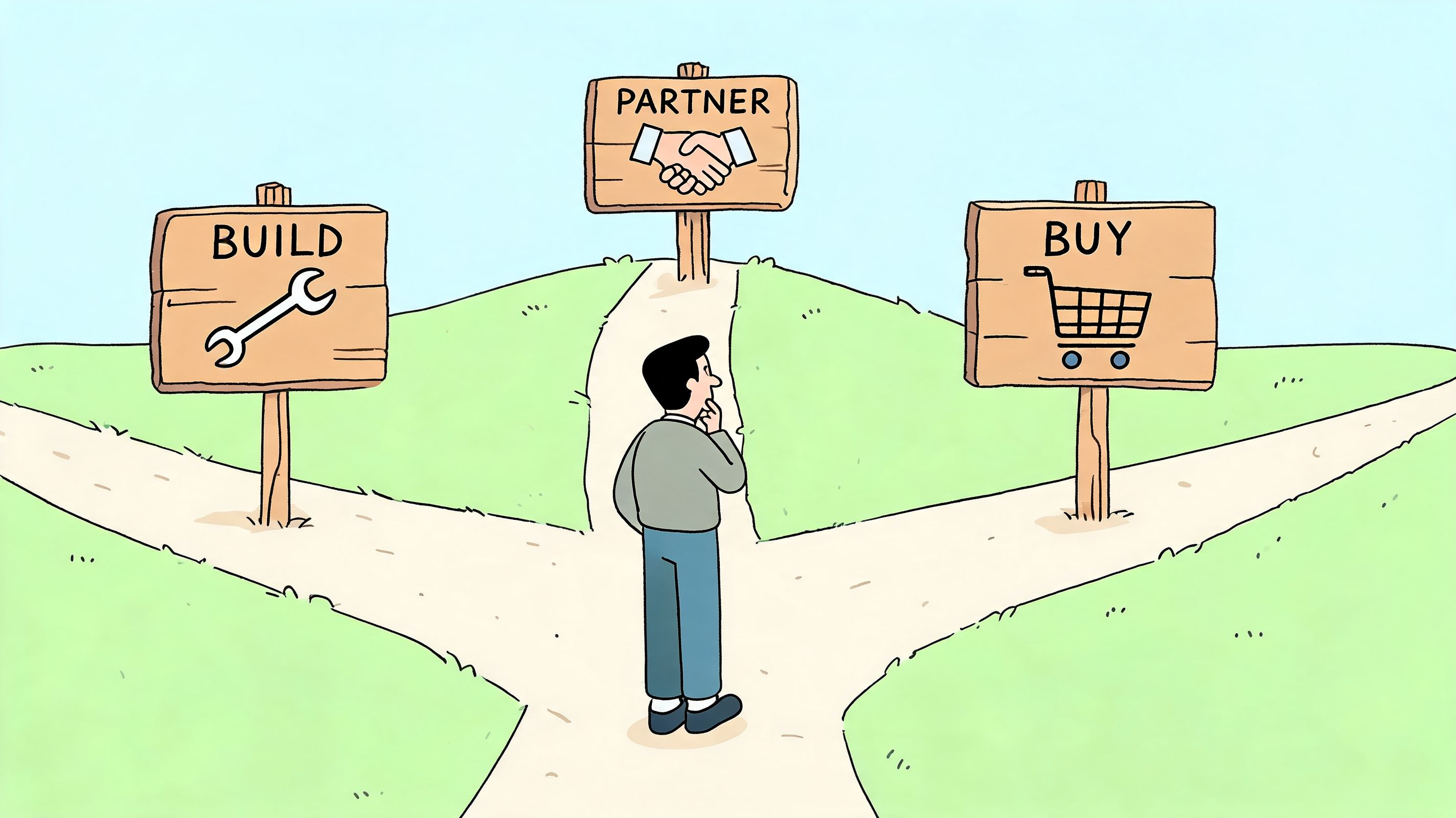 A man standing at a three-way intersection choosing between business strategies labeled build, partner, and buy.