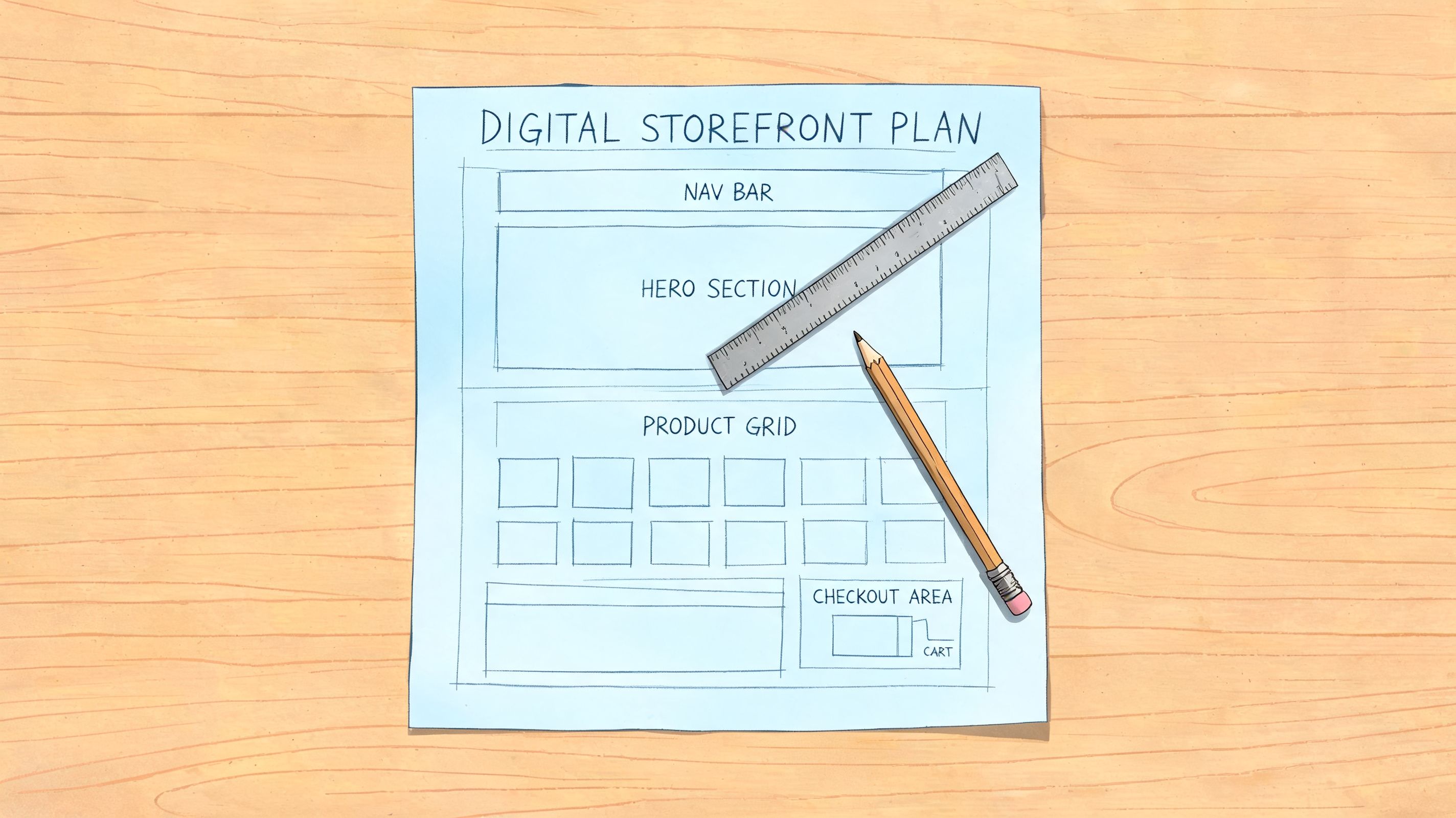 A hand-drawn digital storefront plan featuring navigation, hero section, product grid, and checkout on blue paper.