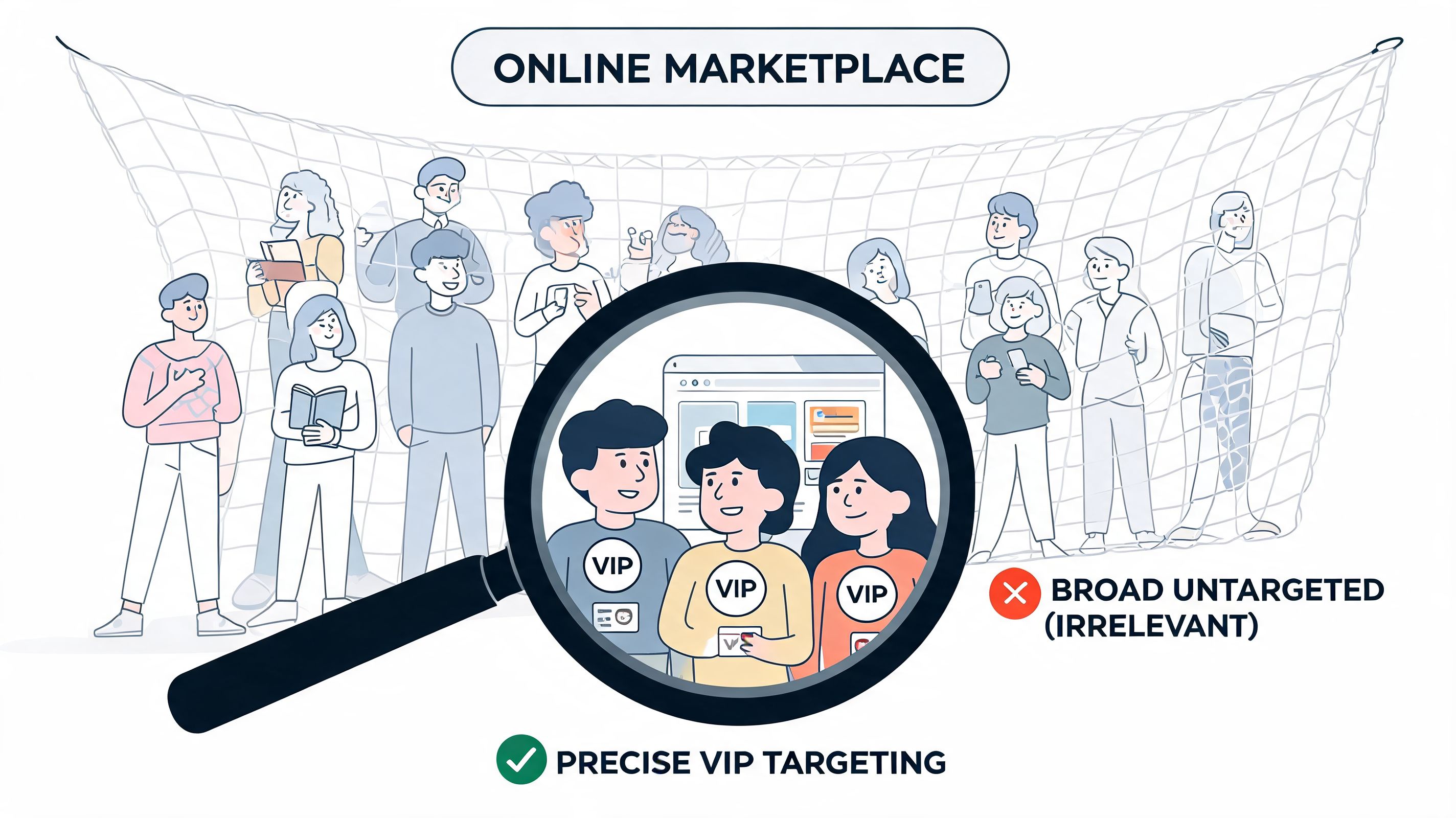 A magnifying glass focusing on three VIP-labeled customers within a large group, illustrating precise audience targeting.