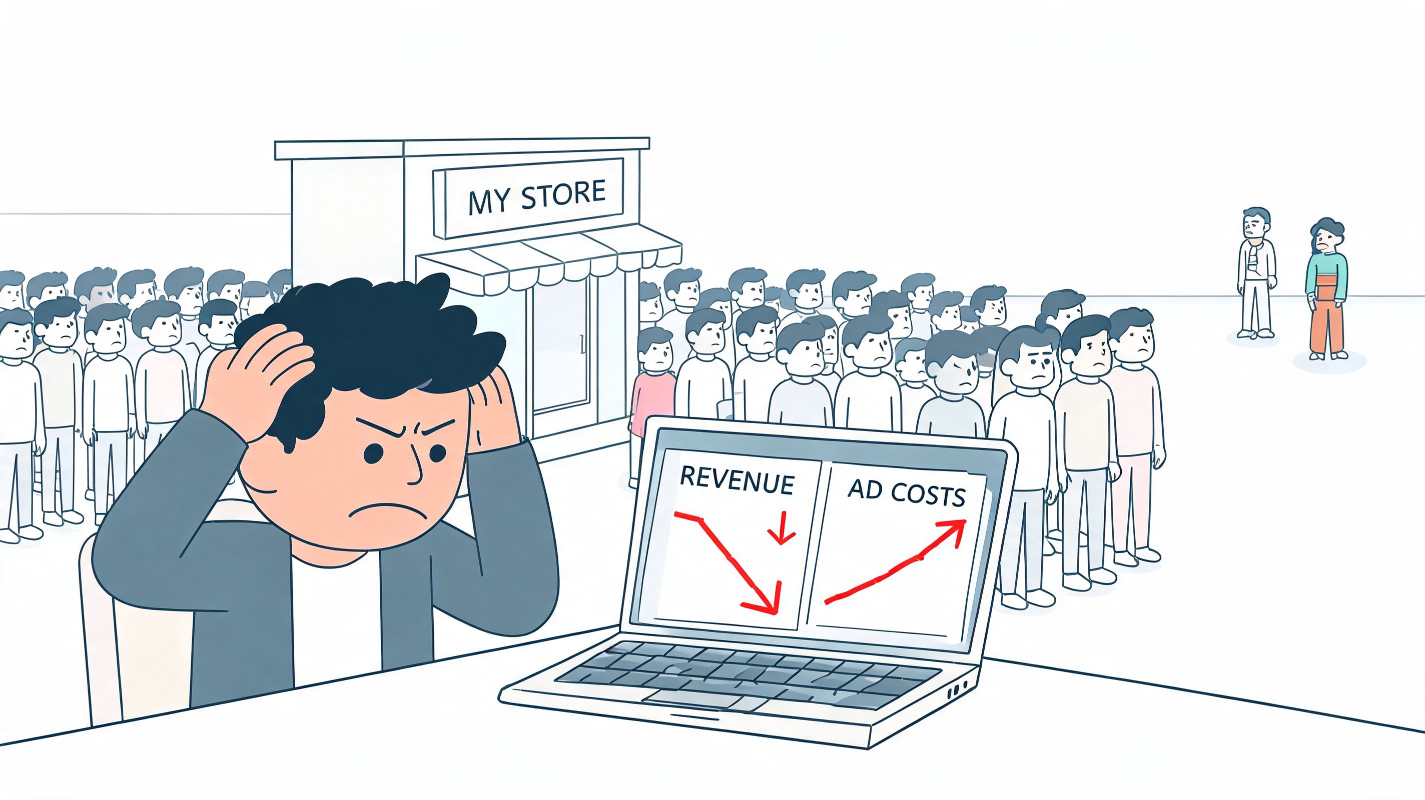 A frustrated store owner looks at a laptop screen showing declining revenue and rising advertising costs.