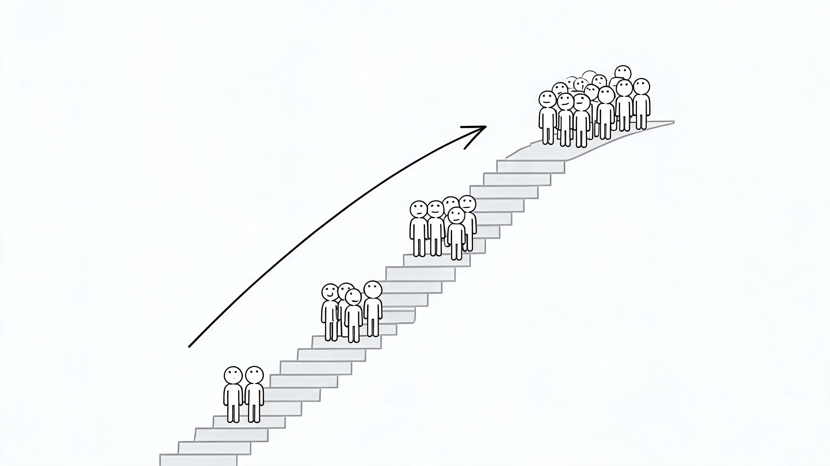 A conceptual illustration of figures climbing a staircase toward the top, representing growth and hierarchical progression.