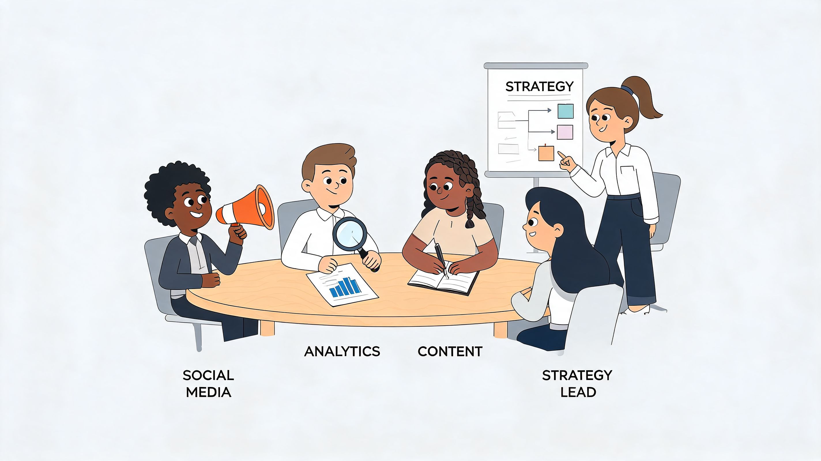 A diverse team of professionals collaborating in an office meeting about marketing strategy and content planning.