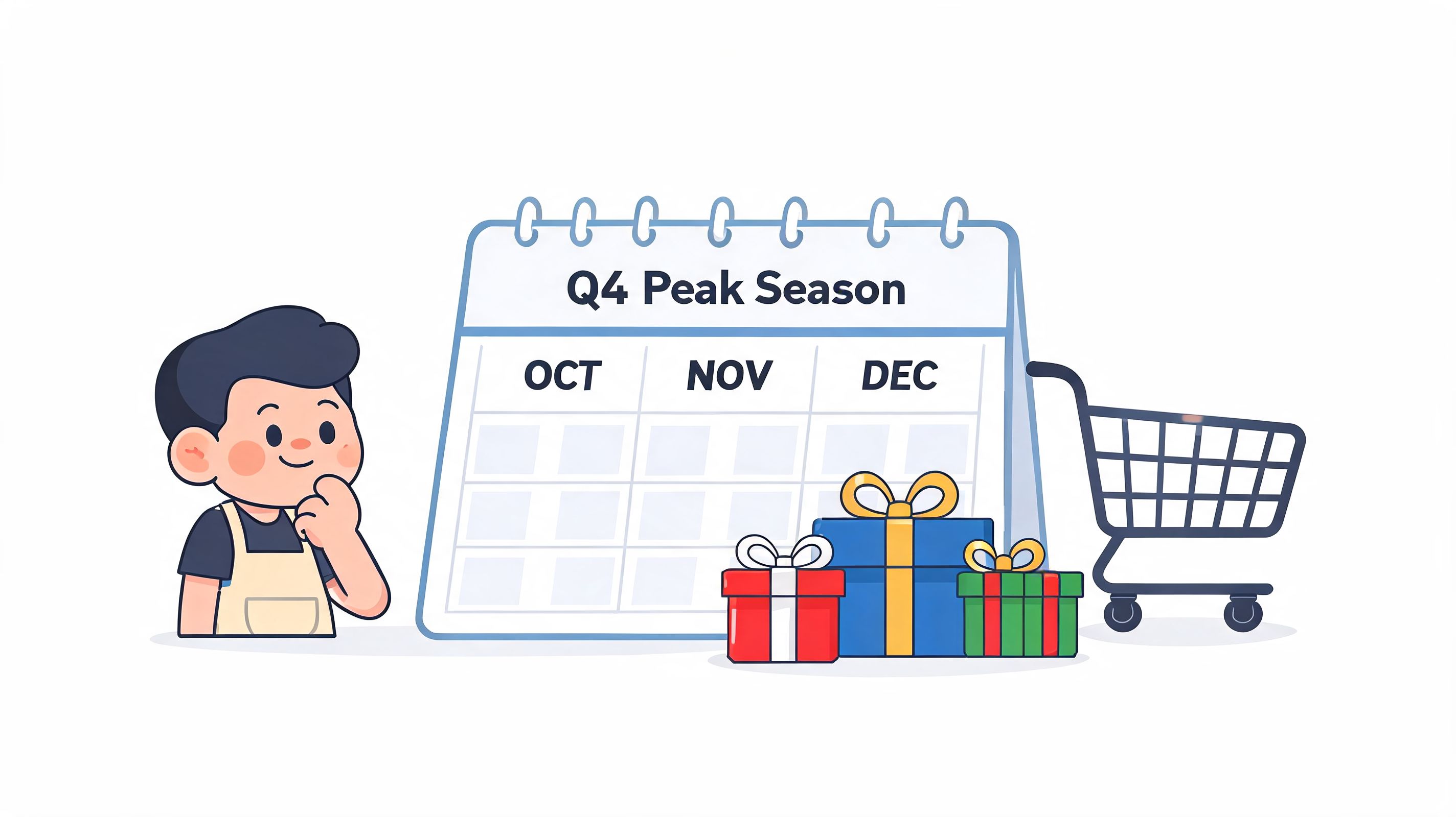A cartoon illustration of a person thinking next to a calendar marking Q4 peak season with gifts.