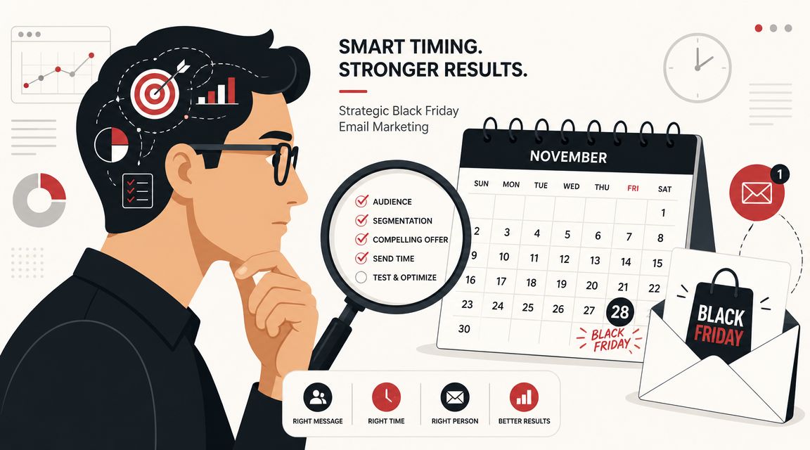 A professional marketer analyzing Black Friday email marketing strategies using a calendar, magnifying glass, and data analytics.