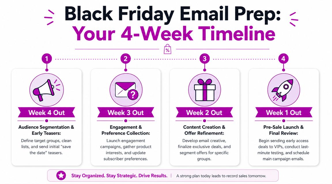A four-week preparation timeline infographic for planning successful Black Friday email marketing campaigns and sales strategies.